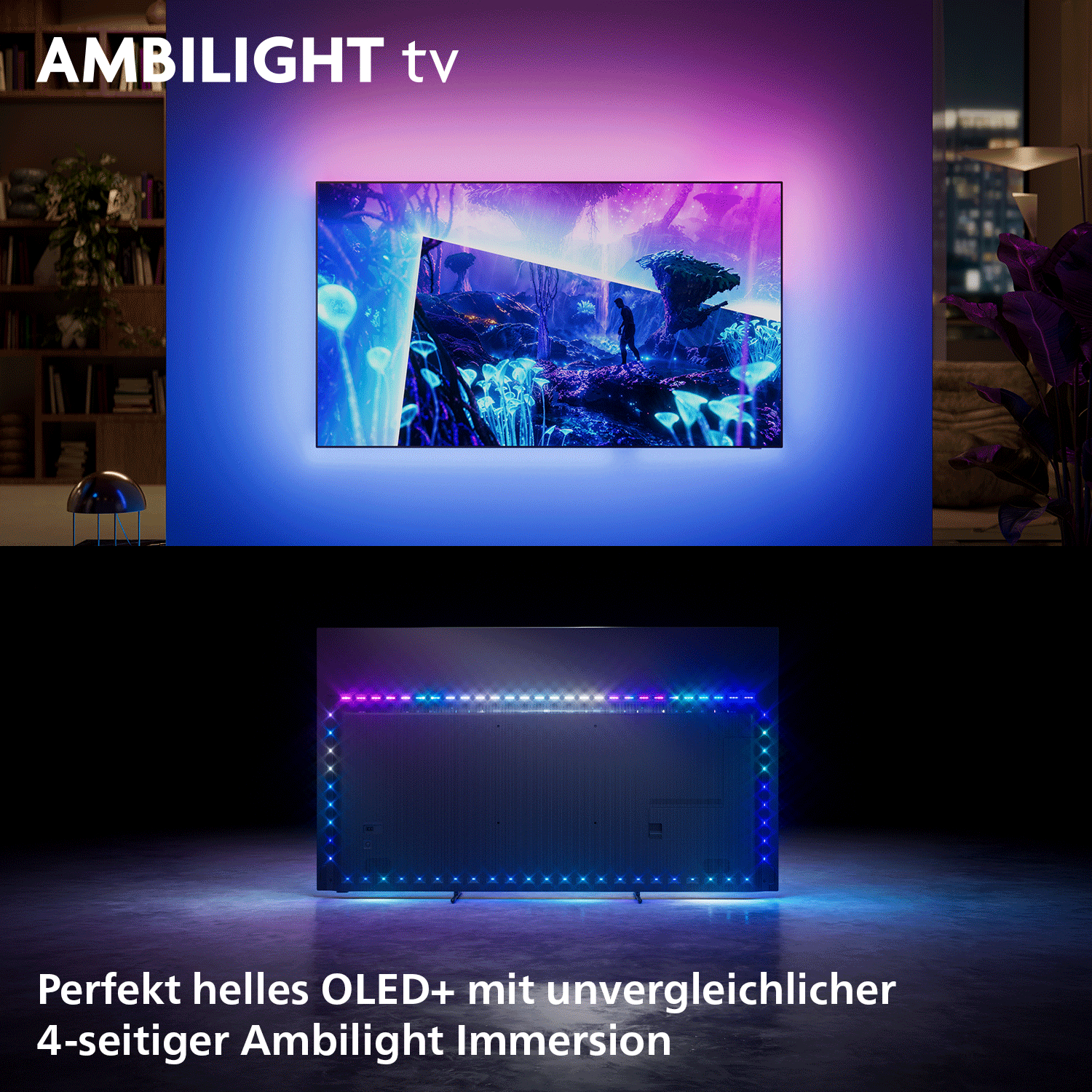 Ein moderner Fernseher mit Ambilight-Beleuchtung zeigt eine Fantasiewelt.