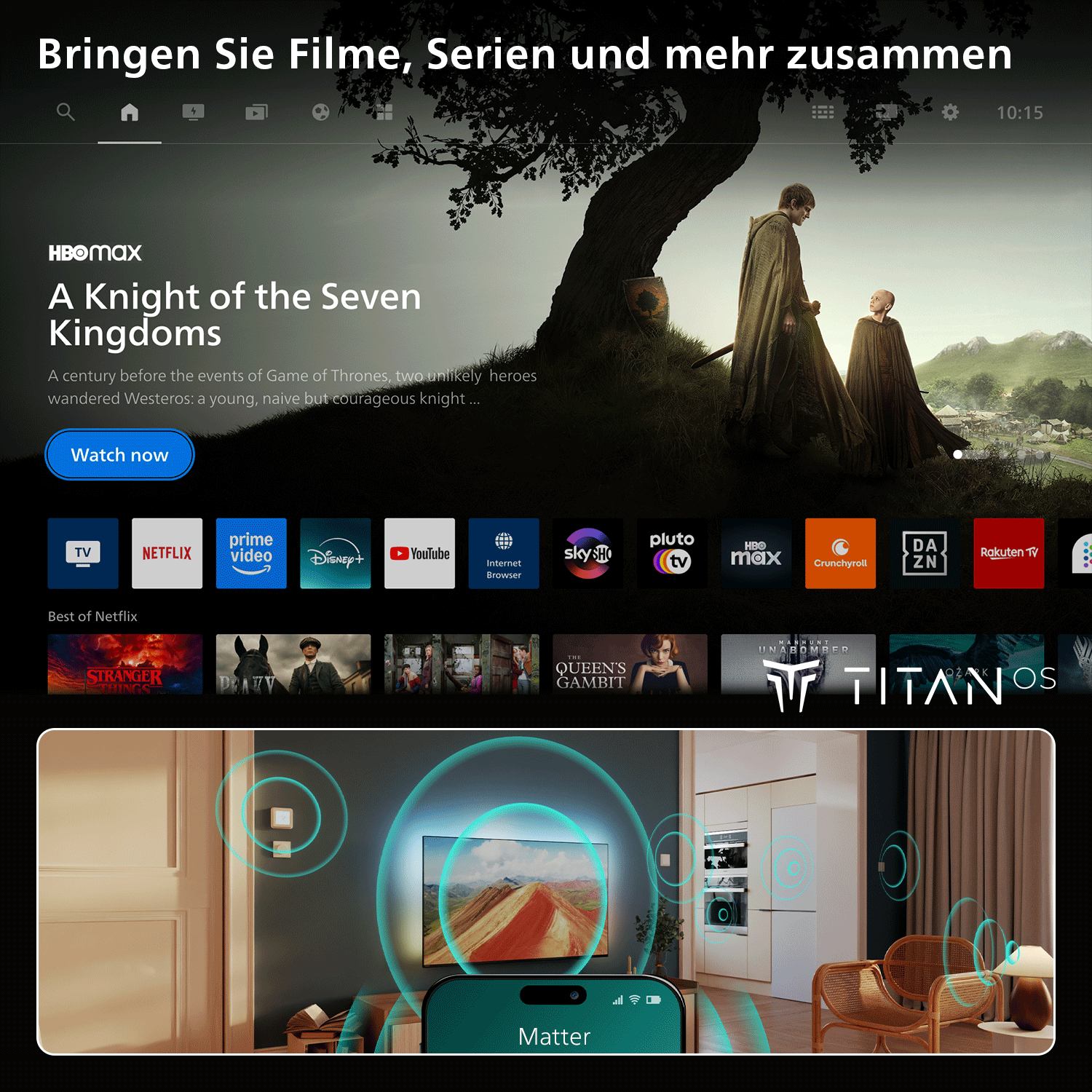 Ein HBO Max Startbildschirm mit Filmen und Serien, Apps und Smart Home Steuerung.