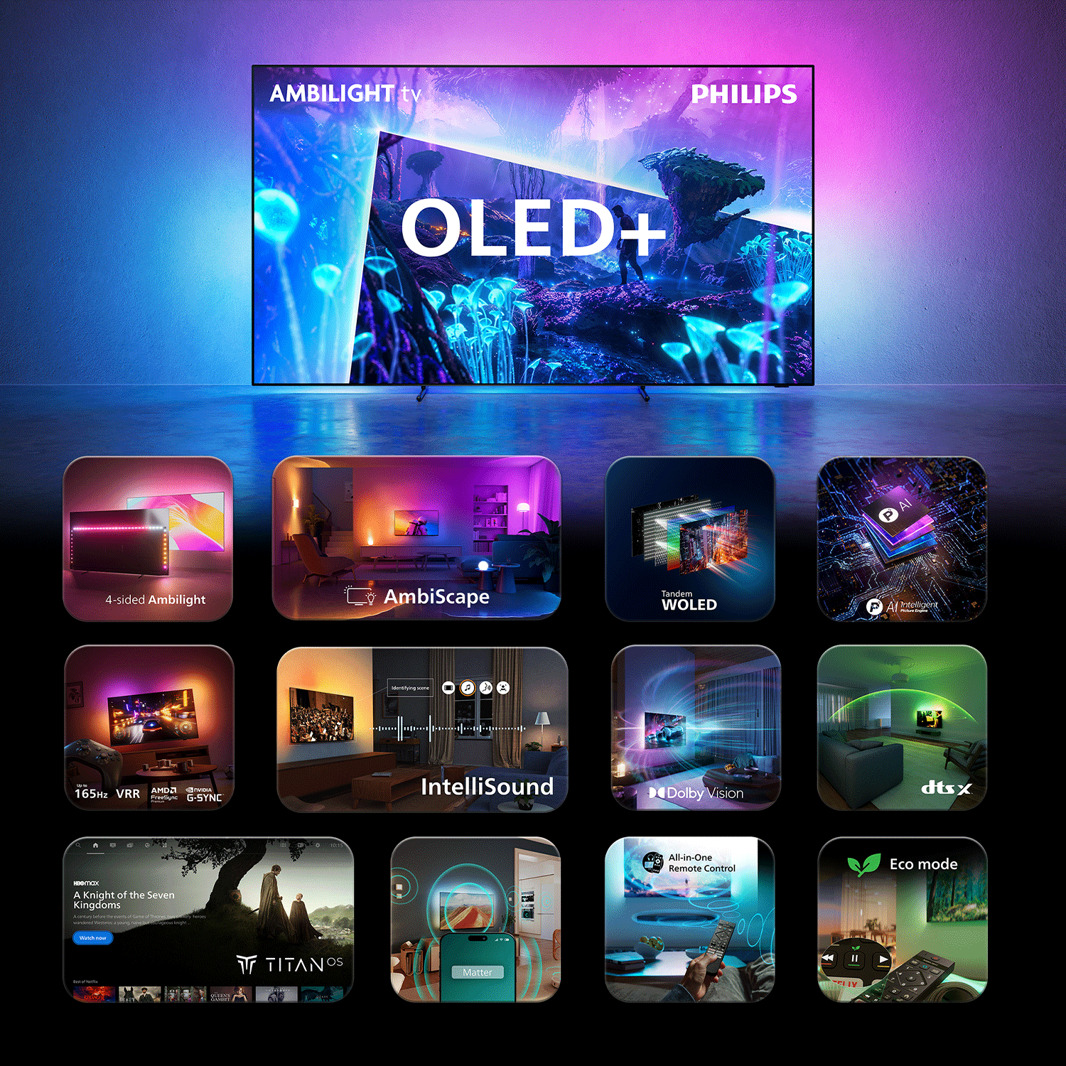 Philips OLED+ TV mit Ambilight, AmbiScape, Tandem WOLED, IntelliSound, Dolby Vision, DTS:X, Matter & Eco-Modus.