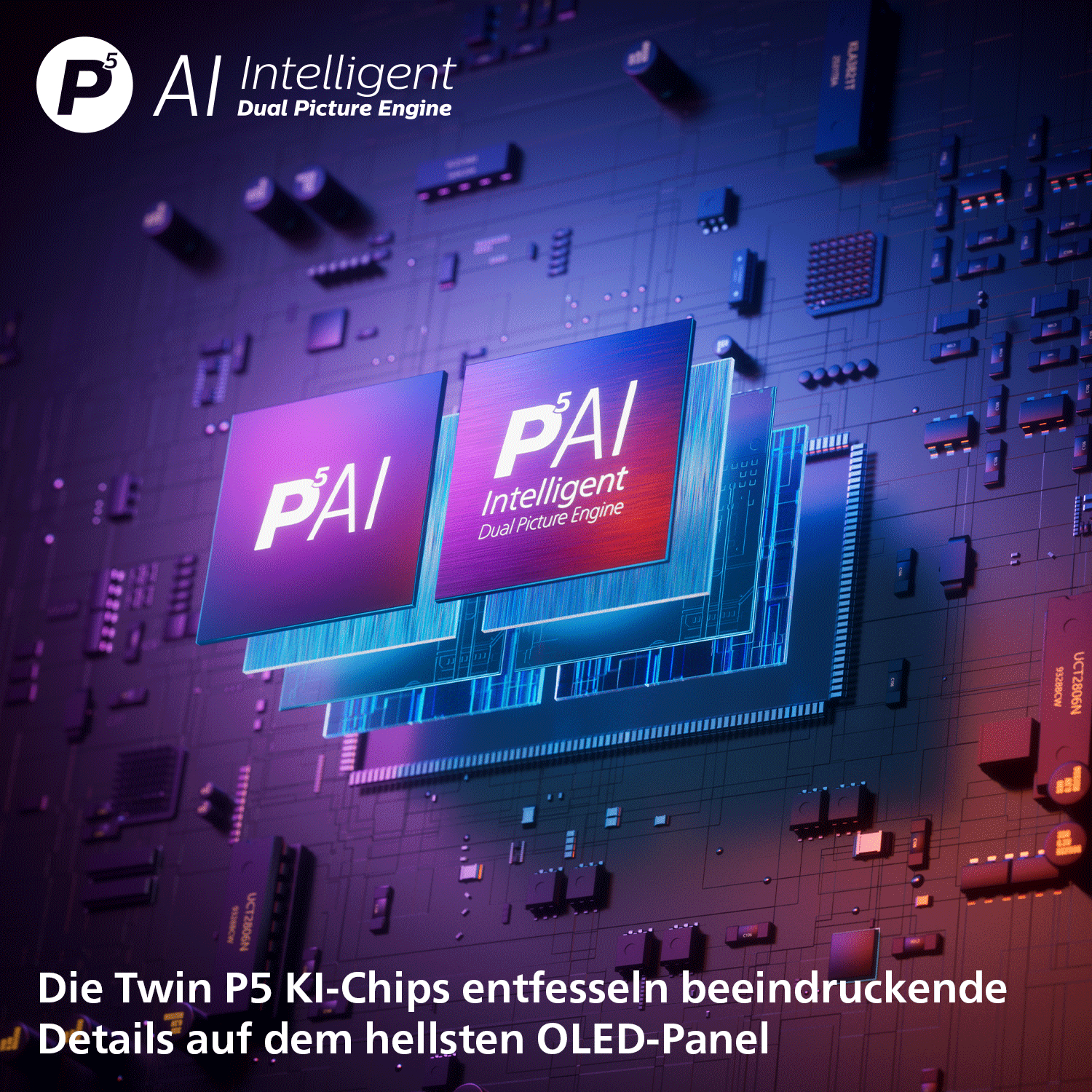 Zwei P5 KI-Chips leuchten auf einer Leiterplatte mit lila und blauer Beleuchtung.