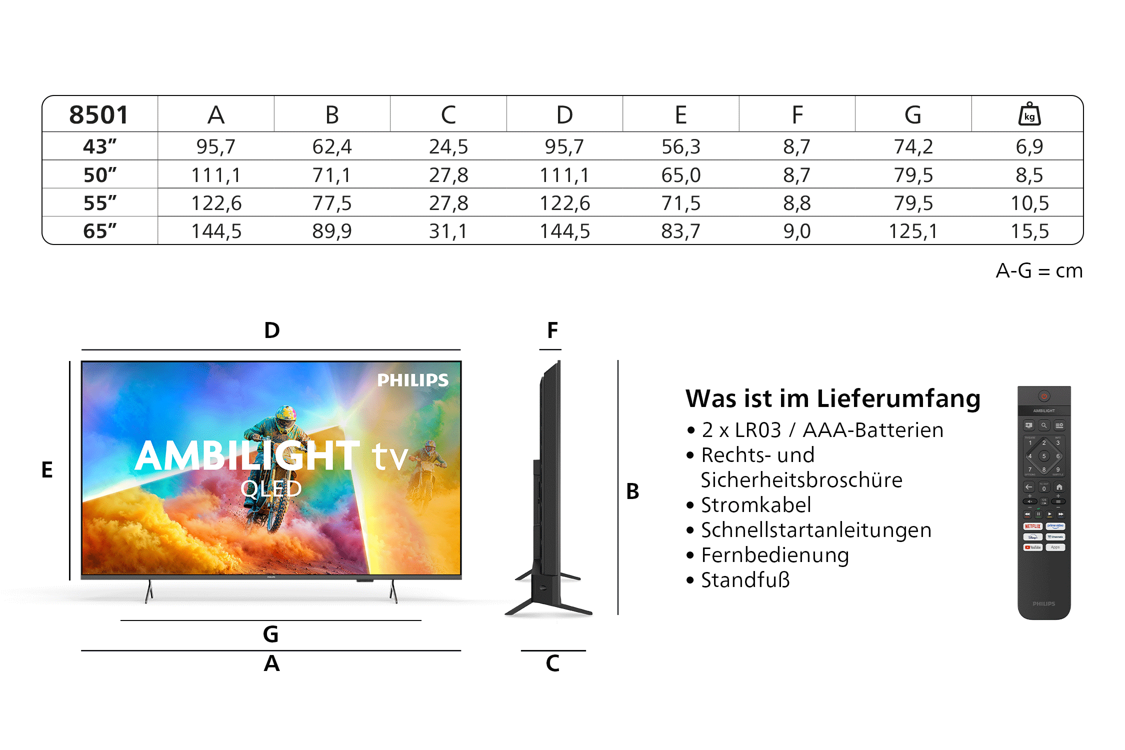 Tabelle mit TV-Maßen und Abmessungen, Philips Ambilight TV, Fernbedienung.