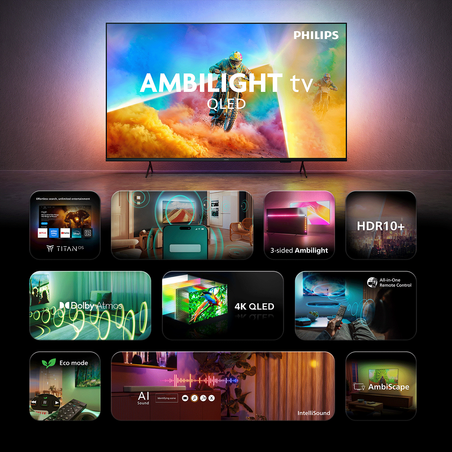 Ein Philips Ambilight TV mit 4K QLED, Dolby Atmos, HDR10+ und intelligenter Steuerung.