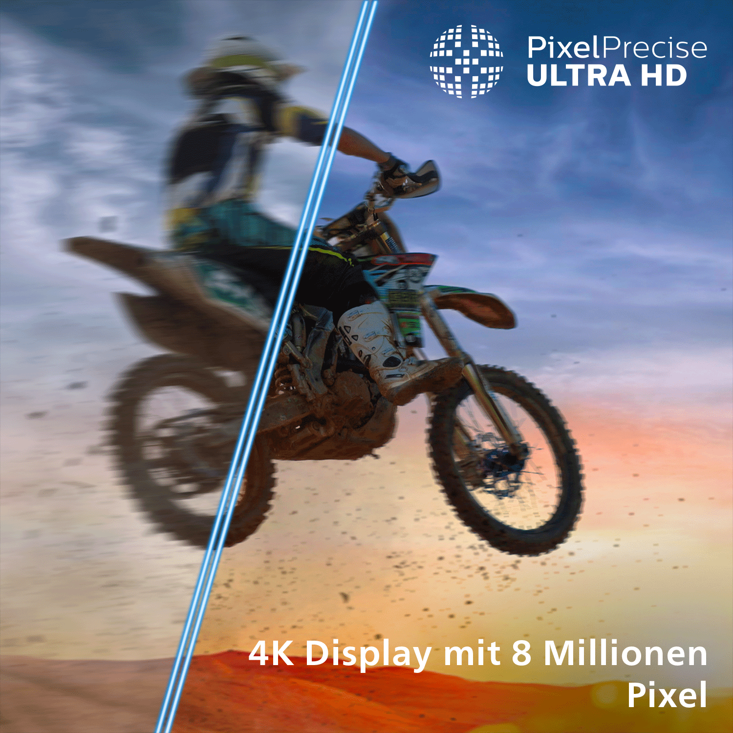 Motocross-Fahrer im Sprung. PixelPrecise ULTRA HD Logo. 4K Display mit 8 Millionen Pixel.