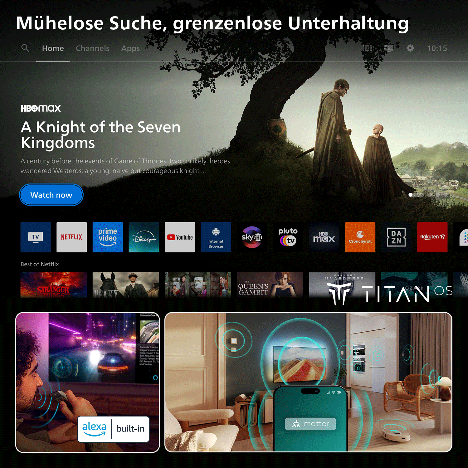Startbildschirm mit Serienvorschlägen, App-Icons und zwei Szenen: Mann mit Fernbedienung, Smart-Home-Einrichtung.