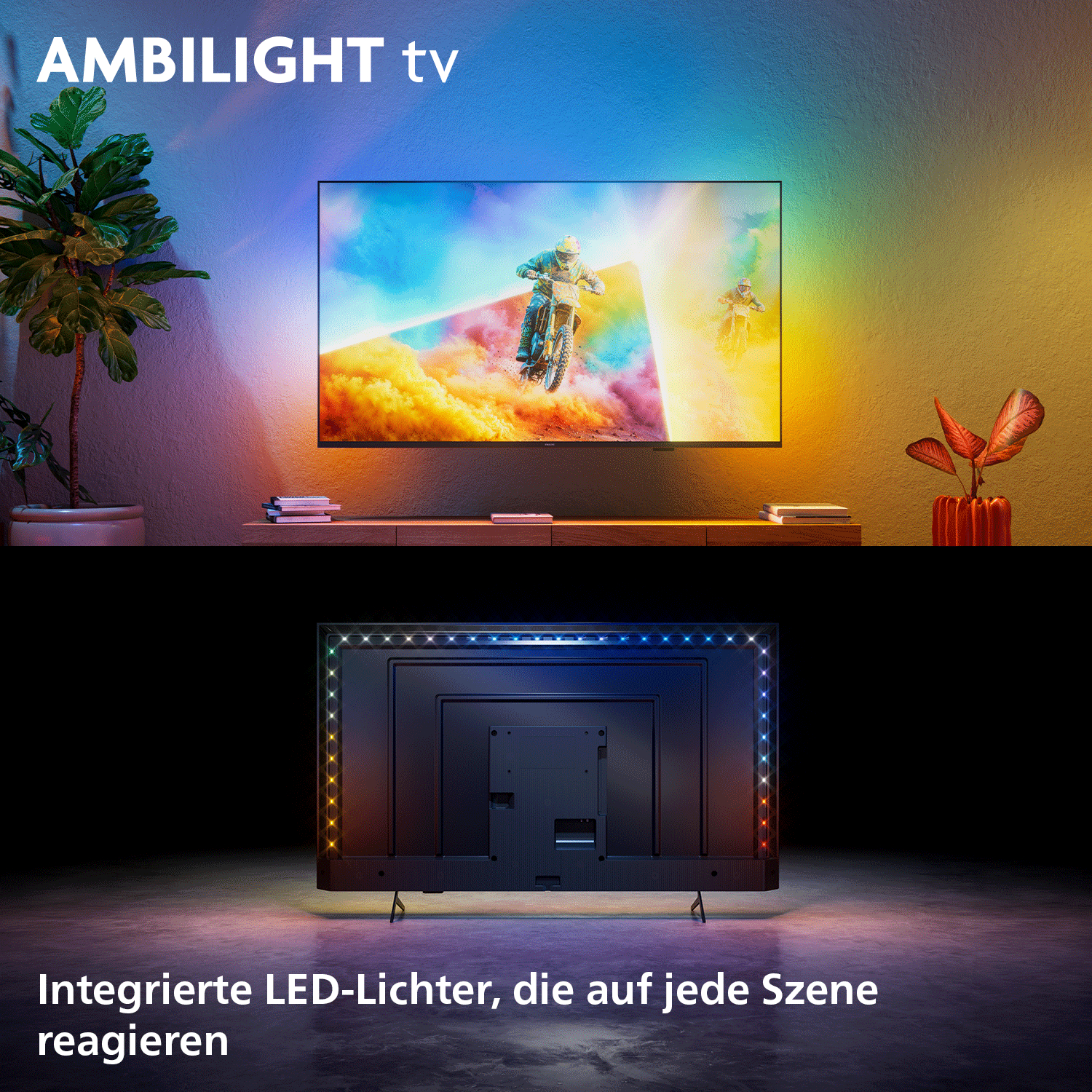 TV mit Ambilight zeigt Motocross, Rückansicht mit LED-Lichtern.