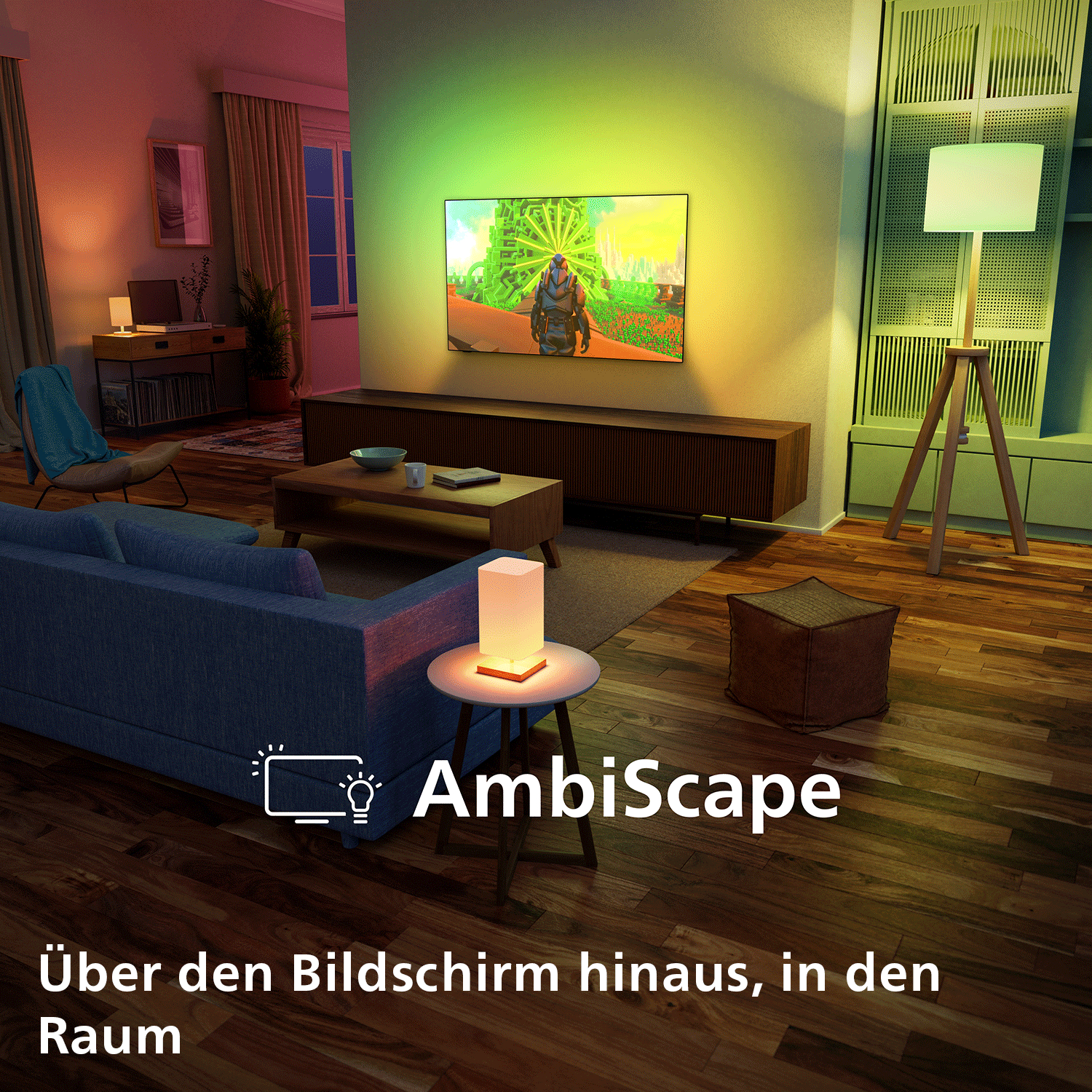 Ein Wohnzimmer mit Ambient-Beleuchtung, die vom Fernseher ausgeht.