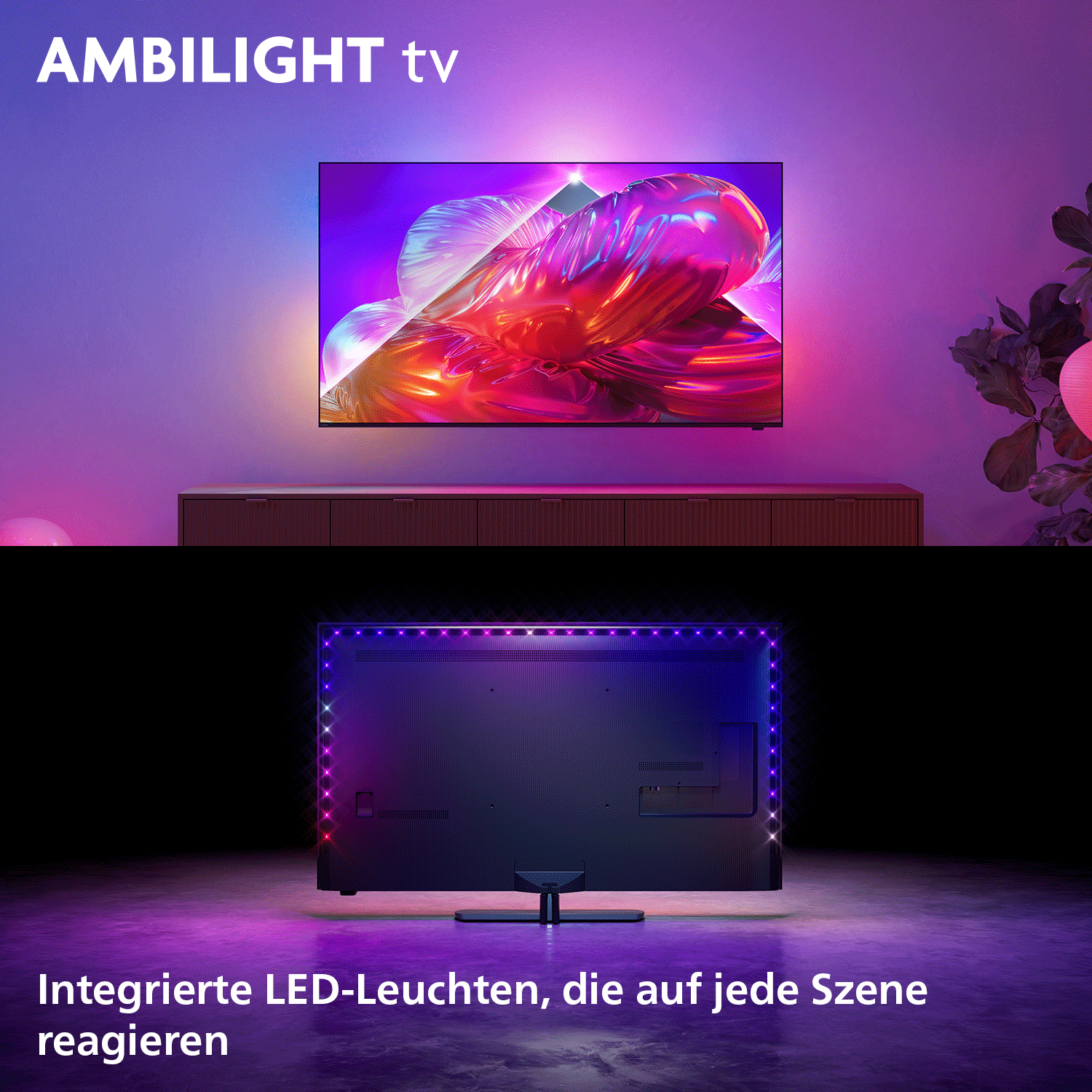 Ein Ambilight-Fernseher mit integrierten LED-Leuchten, die auf Szenen reagieren.