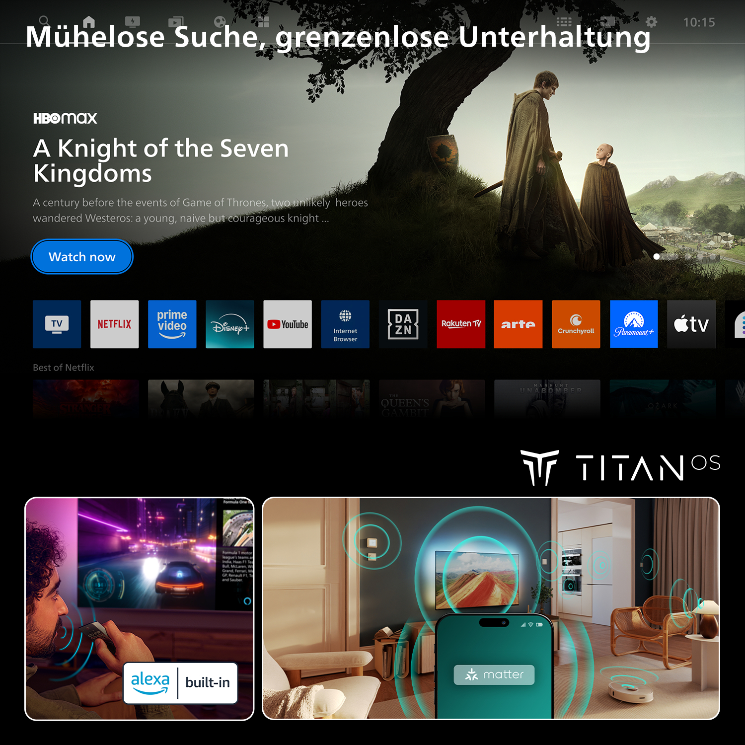 Startbildschirm eines Smart-TVs mit HBOMAX-Serie, App-Icons und Smart-Home-Szene.
