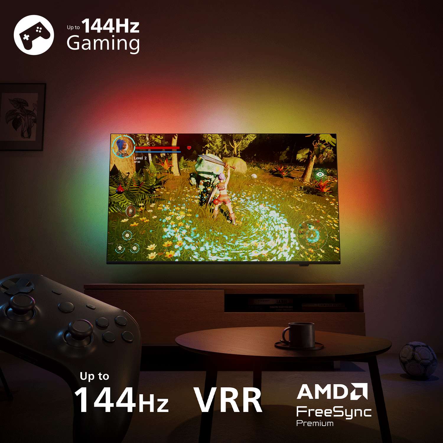 Gaming-Setup mit Controller, TV zeigt Spiel und Text: Bis zu 144Hz.