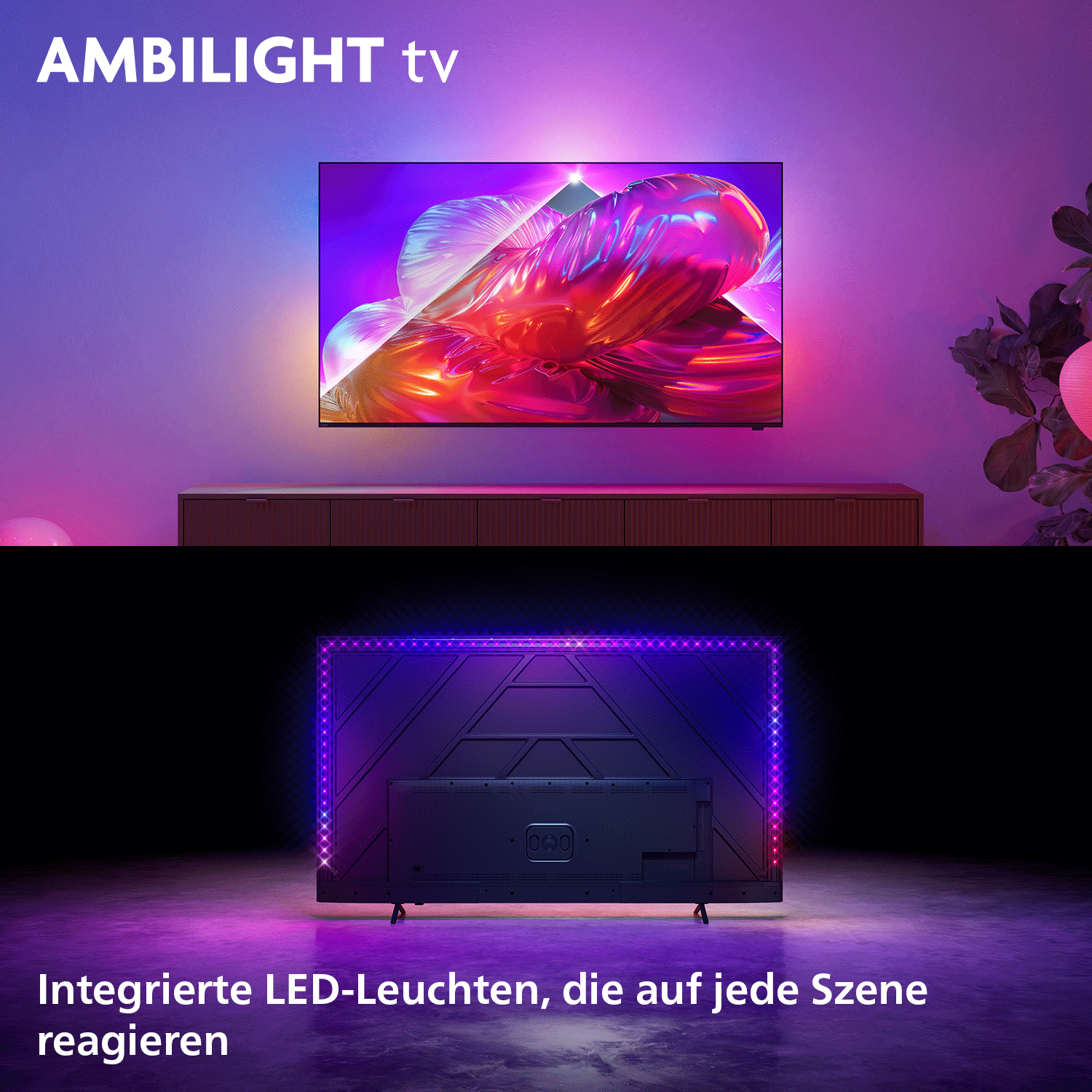 Ein Fernseher mit Ambilight-Beleuchtung, der bunte Muster an die Wand wirft.