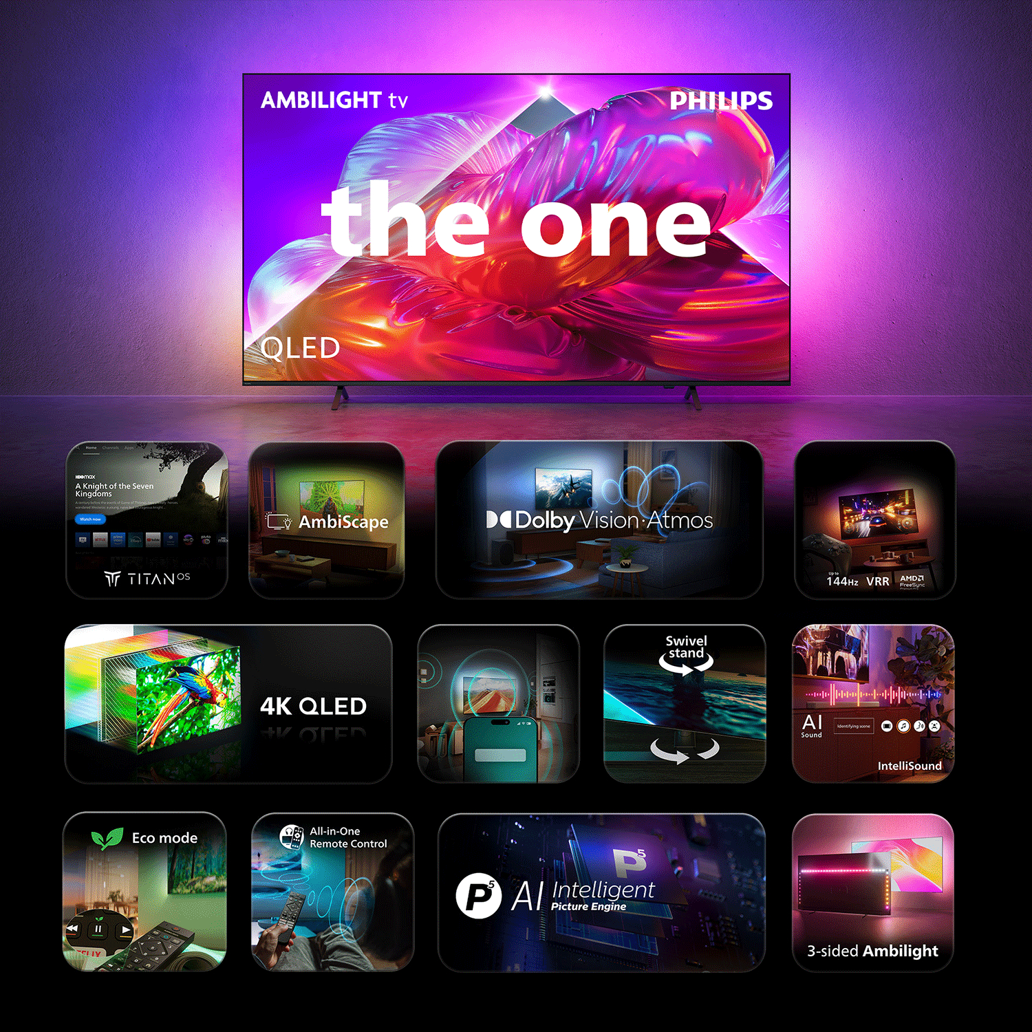 Philips Ambilight TV mit QLED-Display, zeigt bunte abstrakte Formen und verschiedene Features.