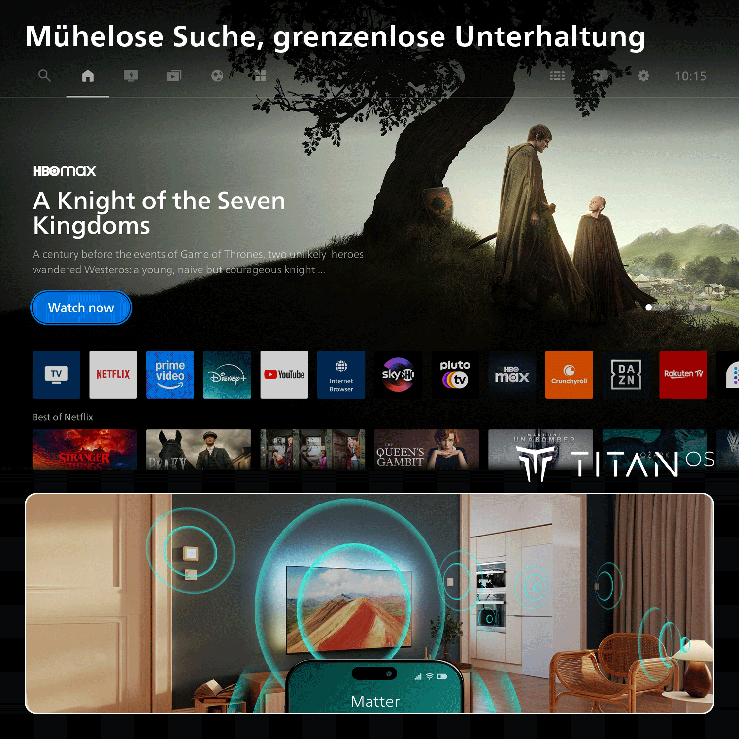 Startbildschirm mit HBO Max Serie, App-Icons und vernetztem Zuhause.