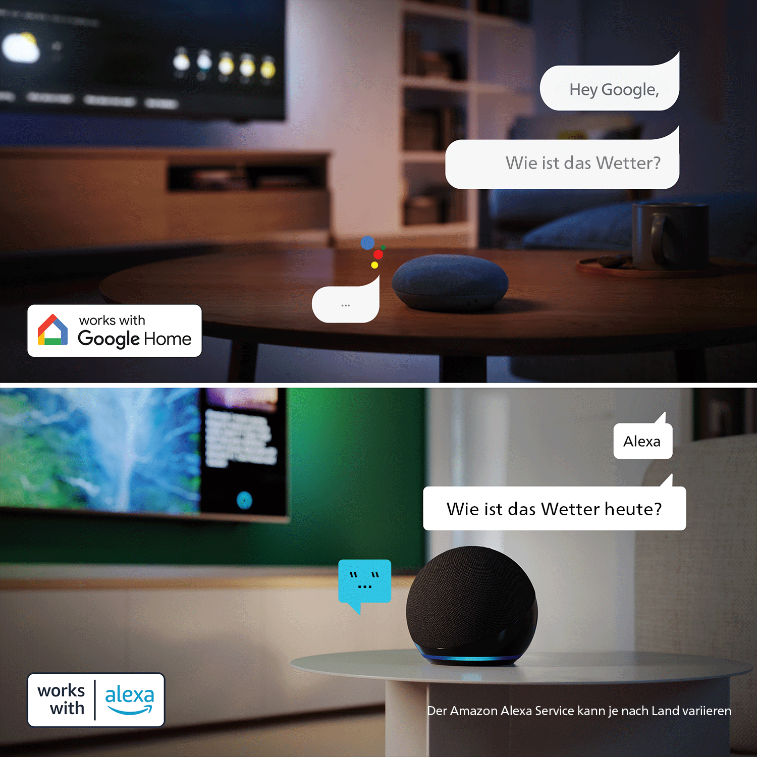 Ein Google Home und ein Echo Dot stehen auf Tischen, beide fragen nach dem Wetter.