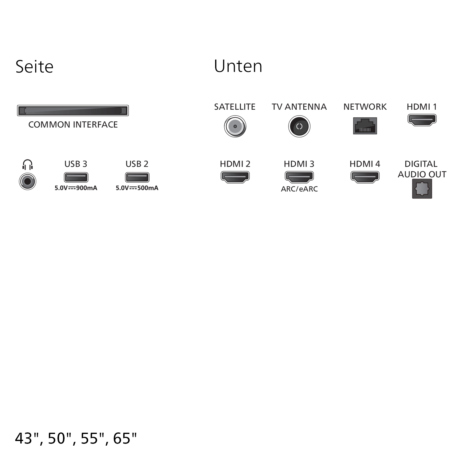 Anschlusssymbol-Übersicht: Common Interface, USB, HDMI, Netzwerk, Audio-Out.