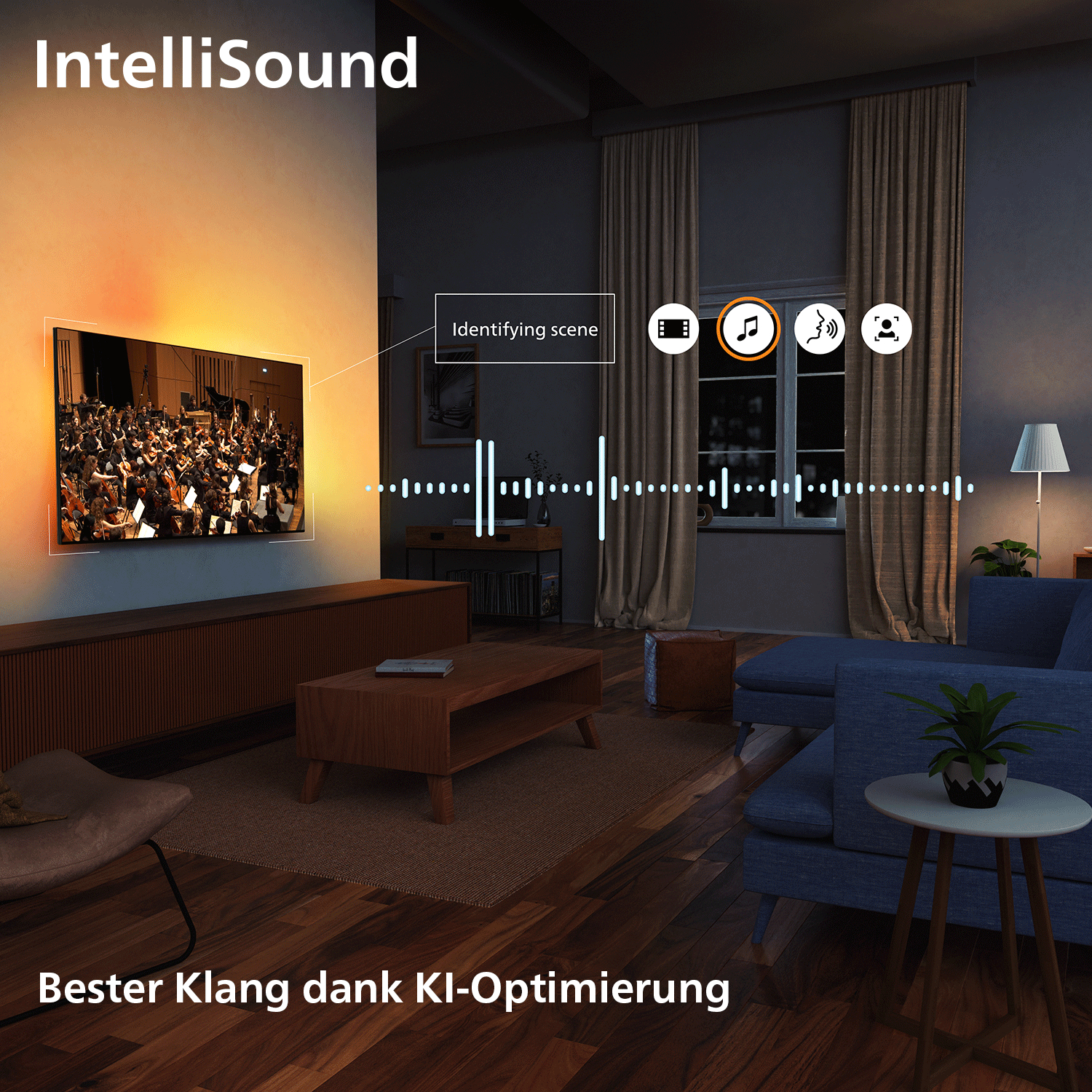 Wohnzimmer mit Fernseher, der ein Orchester zeigt. KI-Optimierung.
