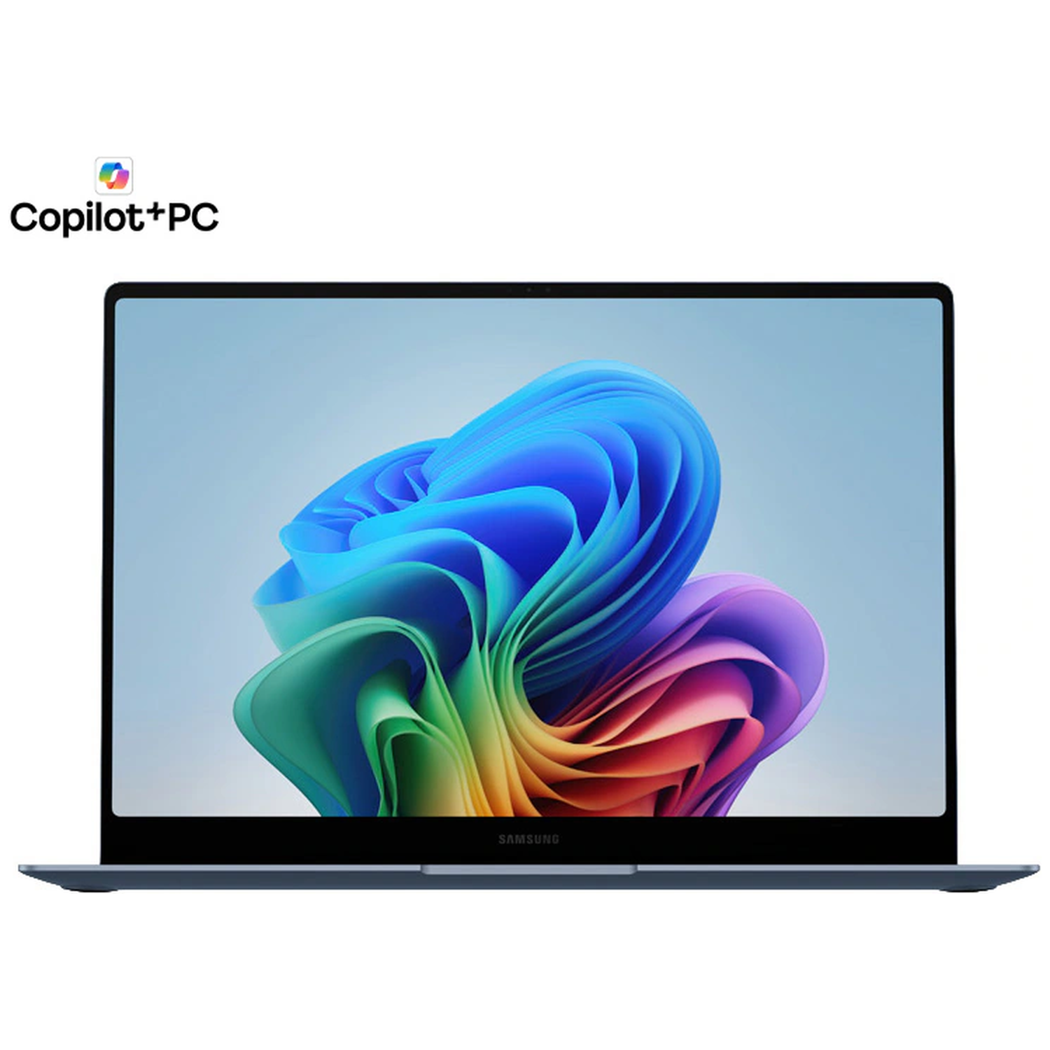Een slanke blauwe laptop met een kleurrijke, abstracte achtergrondafbeelding op het scherm.