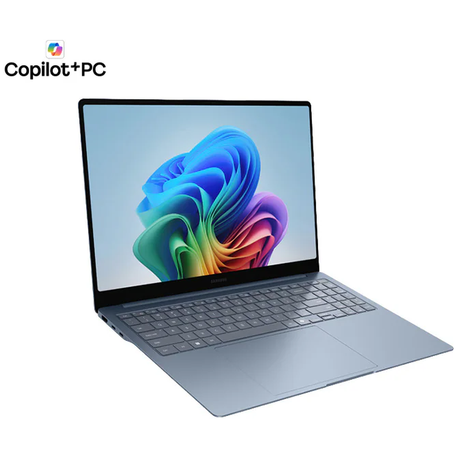 Een blauwe laptop met een kleurrijke achtergrond op het scherm.