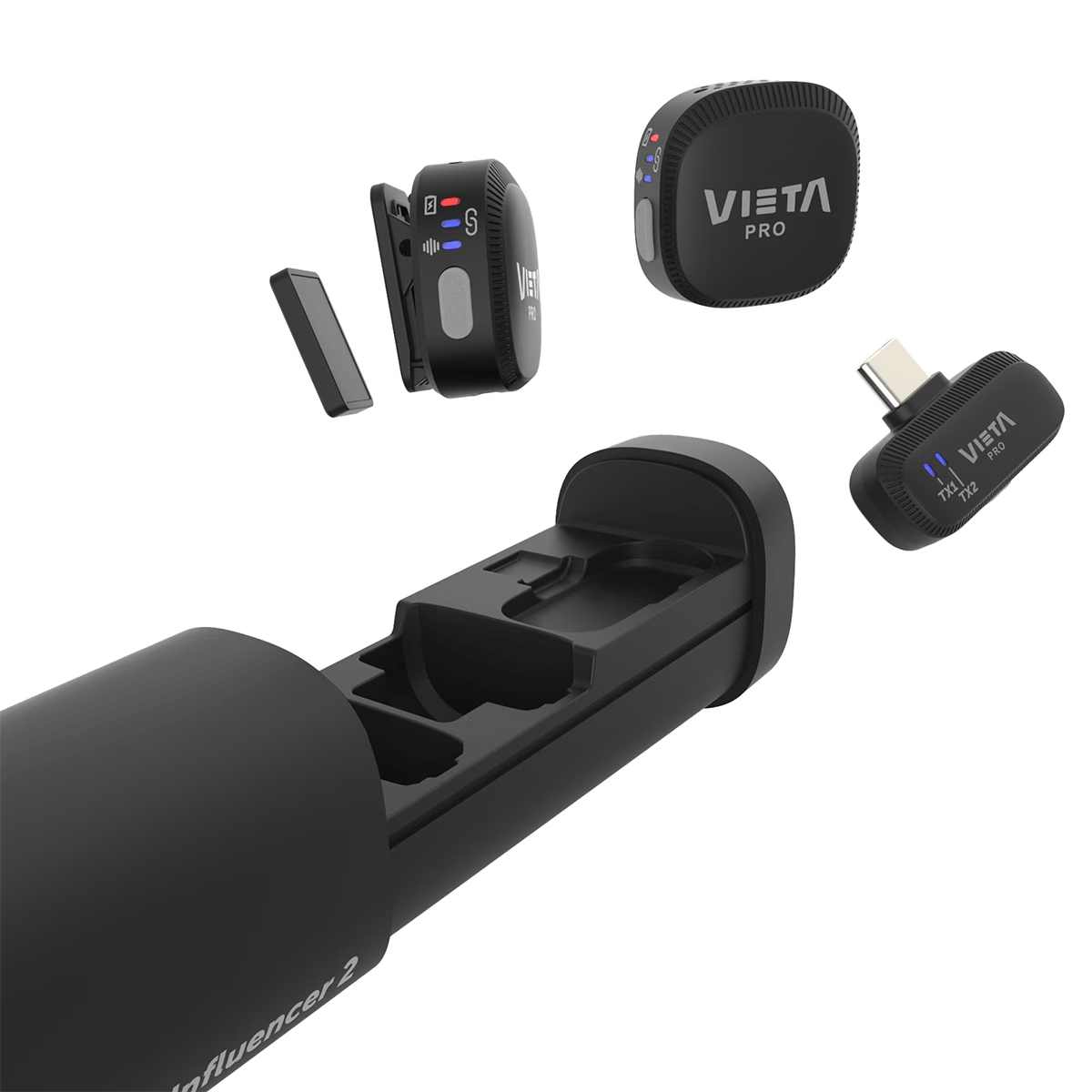 Set de micrófono inalámbrico Vieta Pro negro con estuche de carga, transmisor y receptor.
