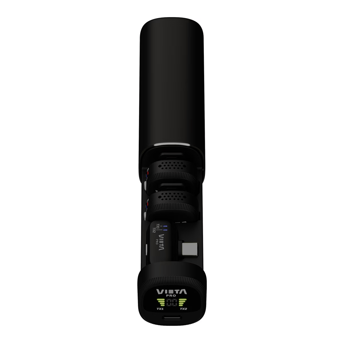Un dispositivo negro Vista Pro TX con tres micrófonos y luces indicadoras de carga.