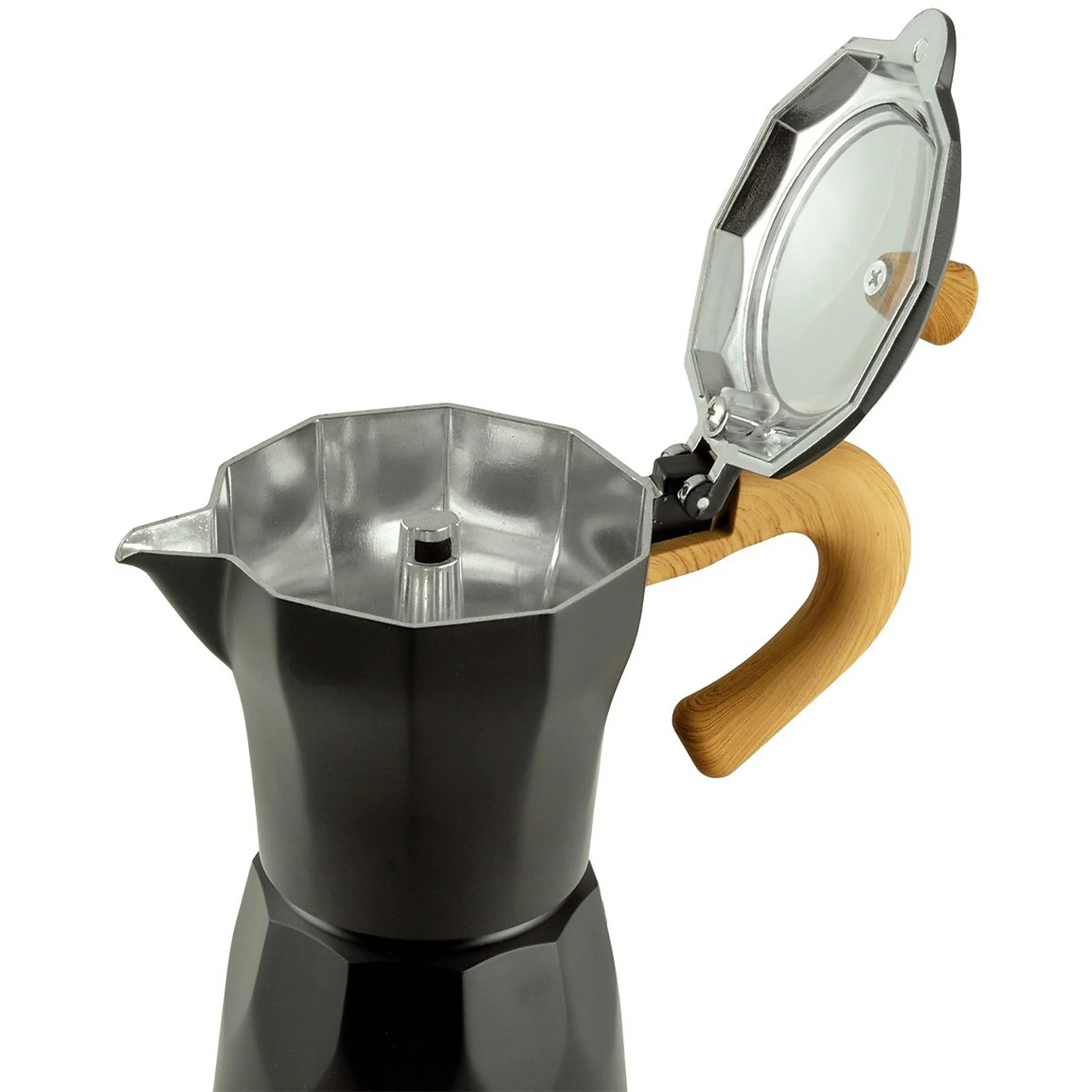 Cafetera espresso negra con tapa abierta y asa de madera sobre fondo blanco.