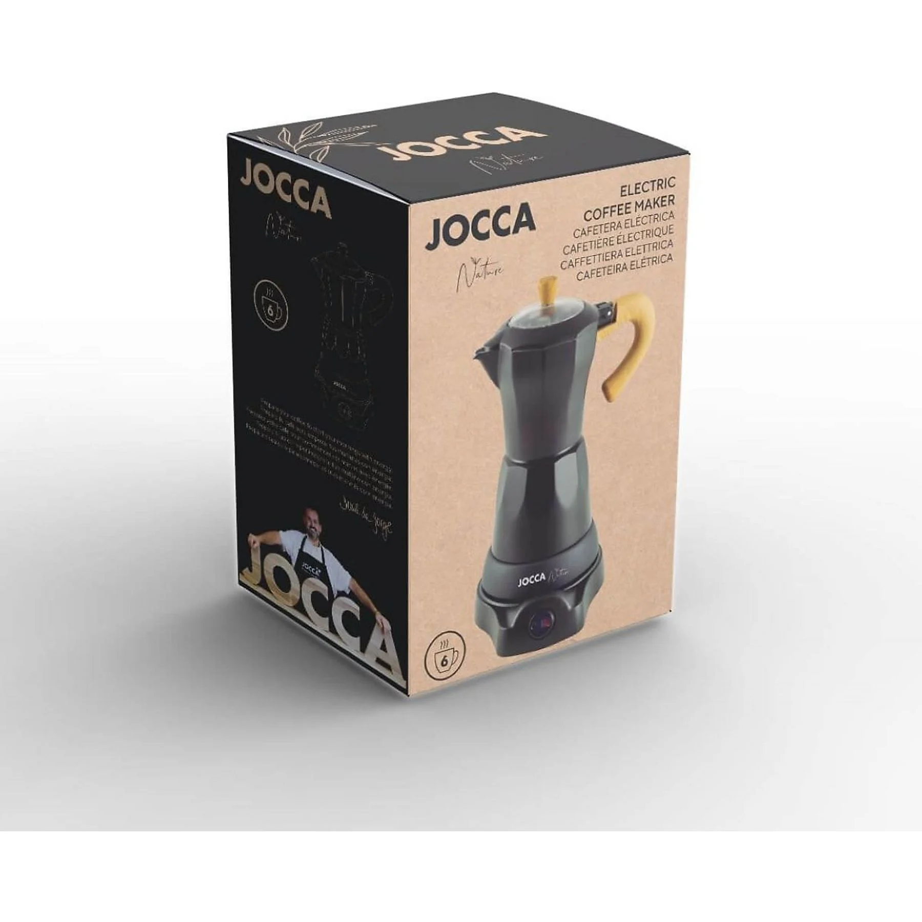 Embalaje de cafetera eléctrica negra con asa amarilla.