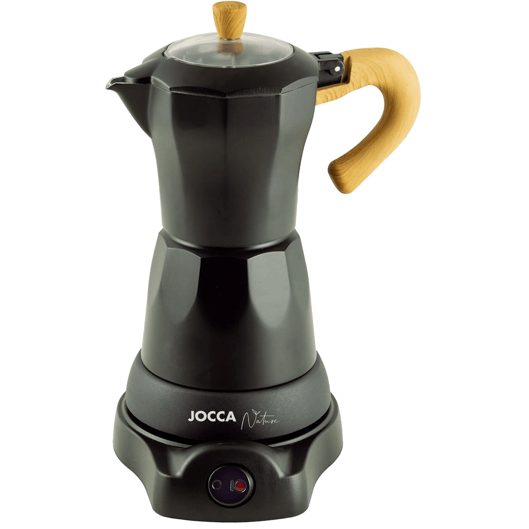 Cafetera negra con asa y pomo de madera, logo JOCCA.
