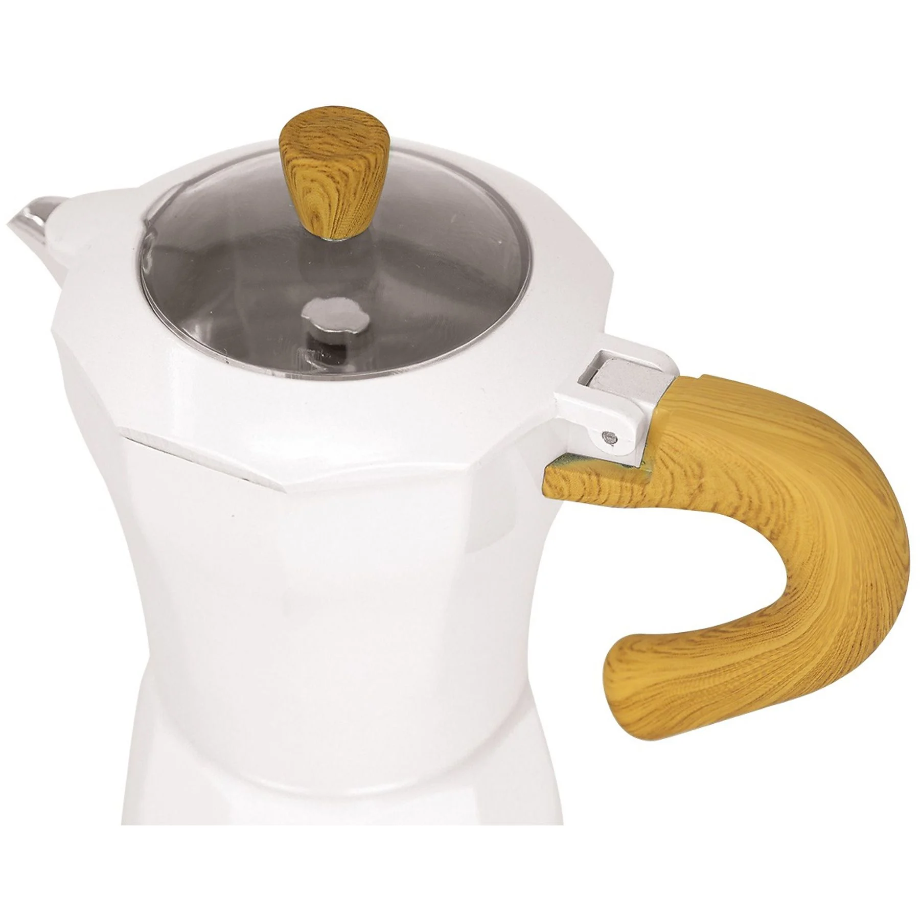 Cafetera moka blanca con mango de madera y tapa de cristal.