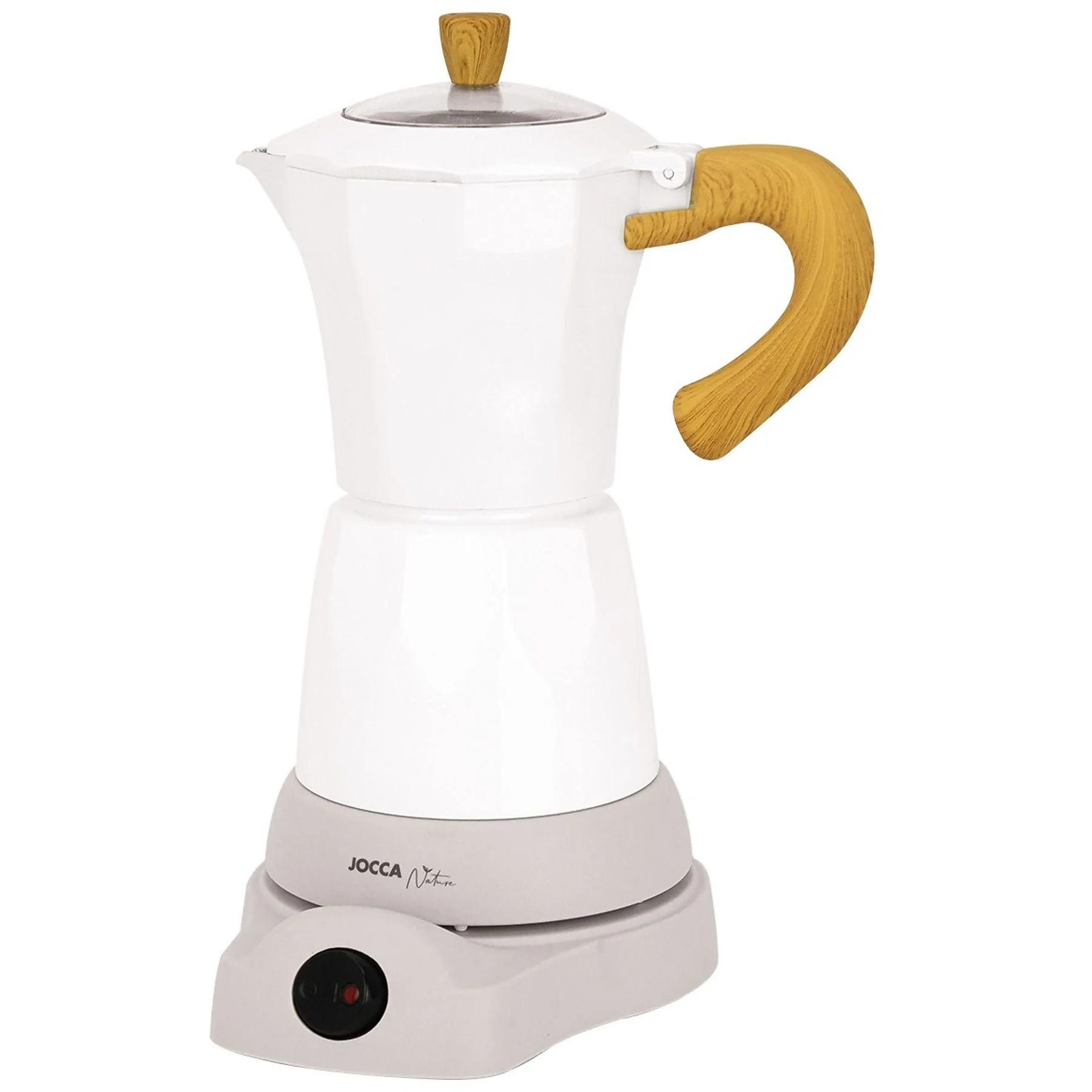 Cafetera moka blanca con mango y tapa de madera sobre base gris con interruptor.