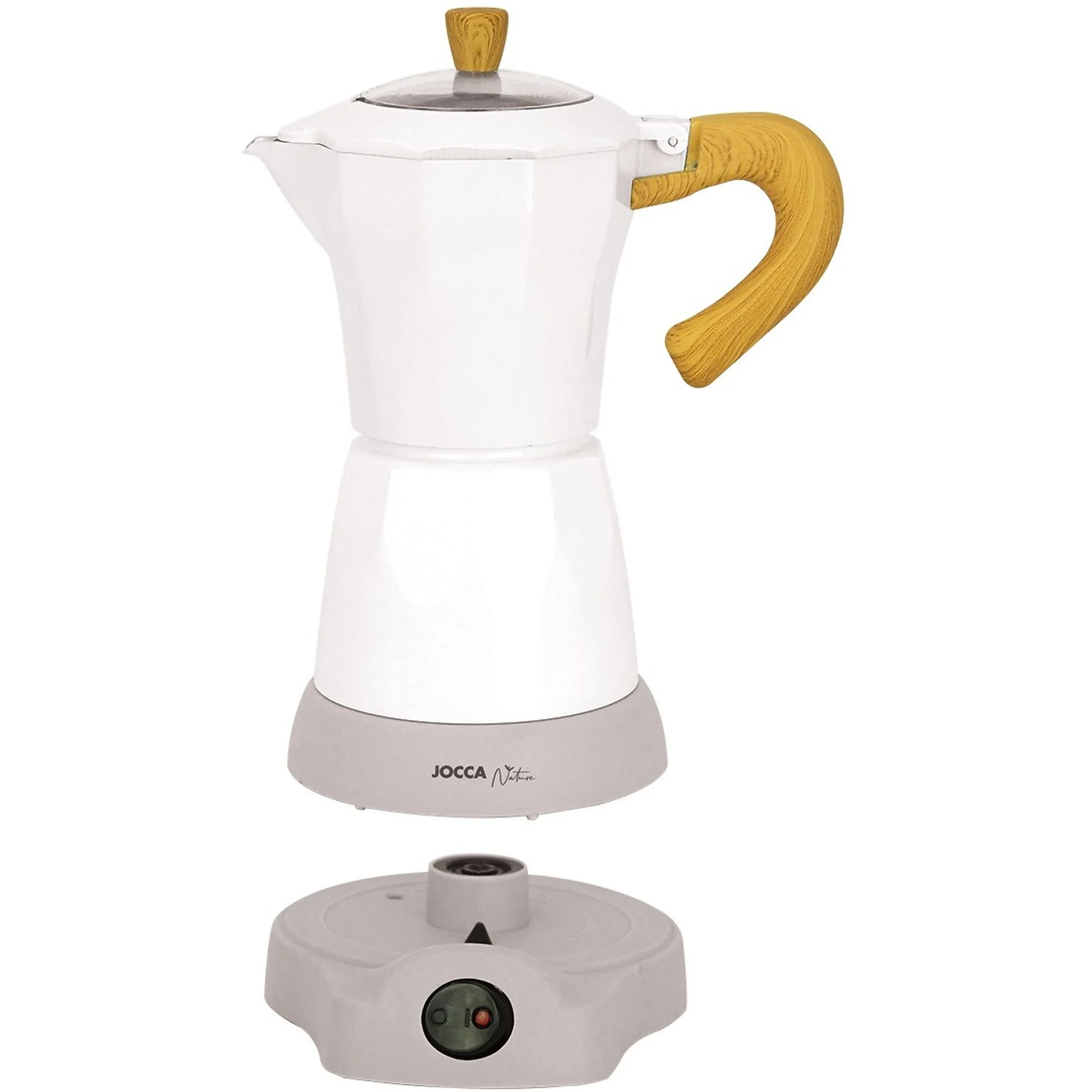 Una cafetera blanca con mango de madera y base gris separada.