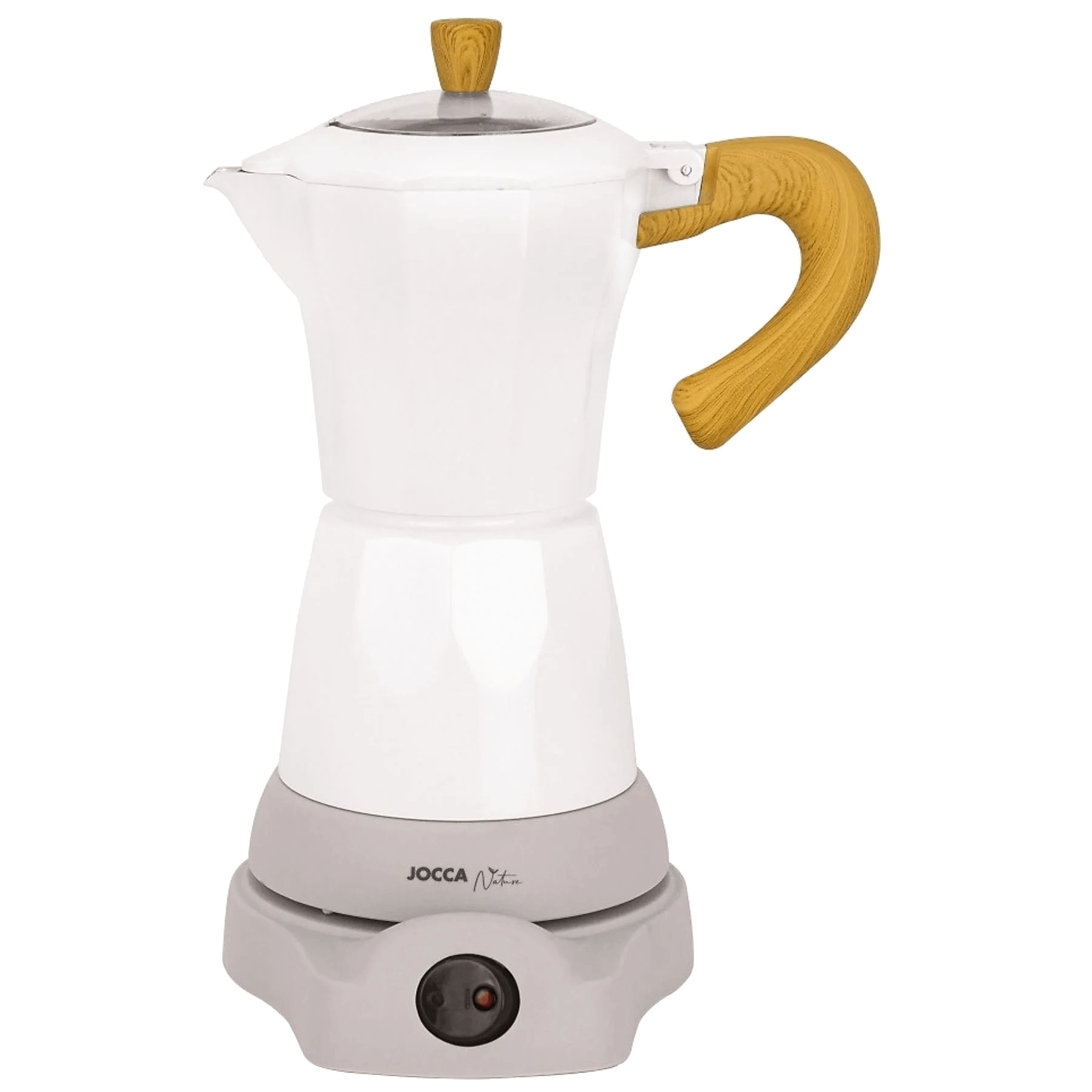 Cafetera blanca con mango y pomo de madera sobre base gris.