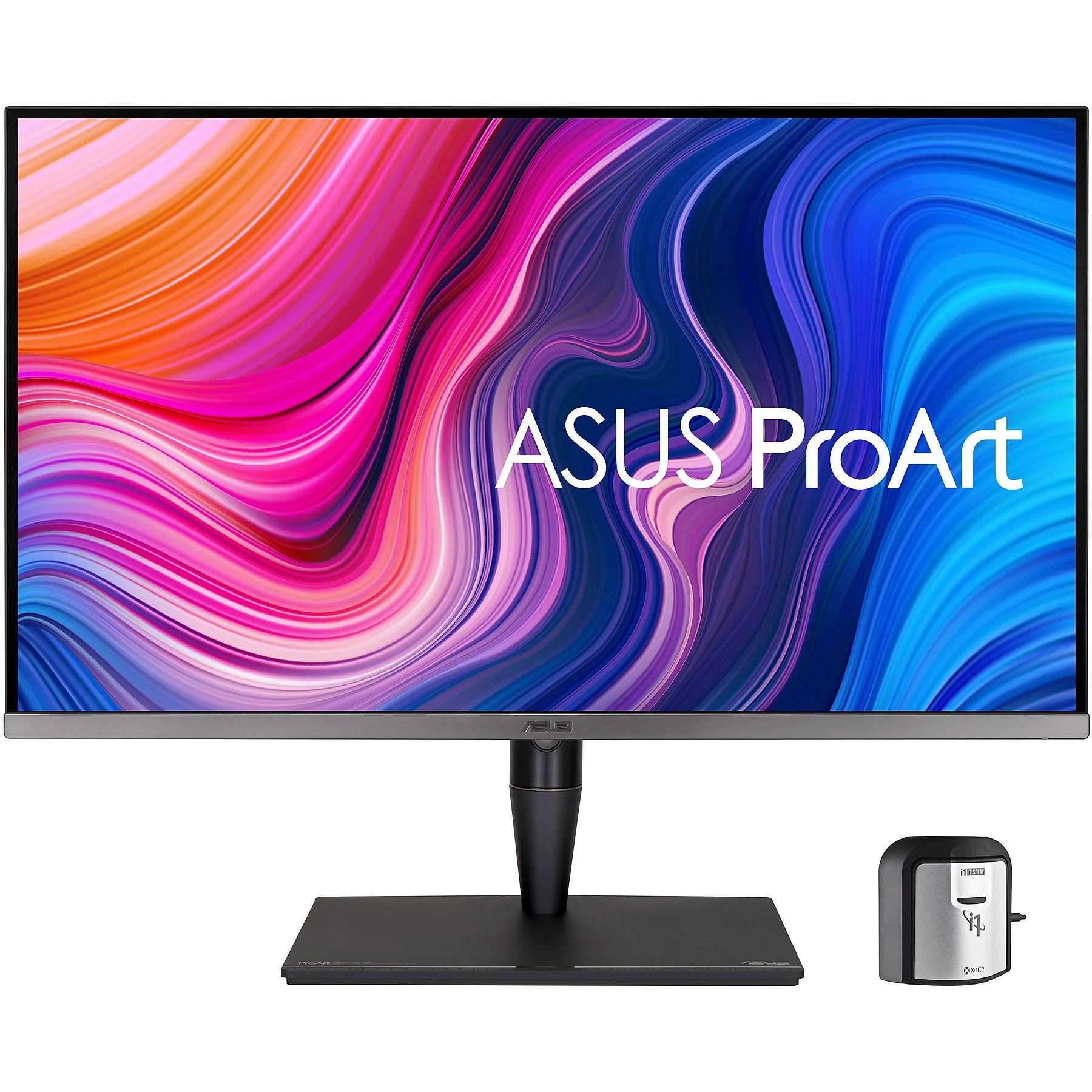 Un monitor ASUS ProArt con fondo colorido y un dispositivo de calibración al lado.