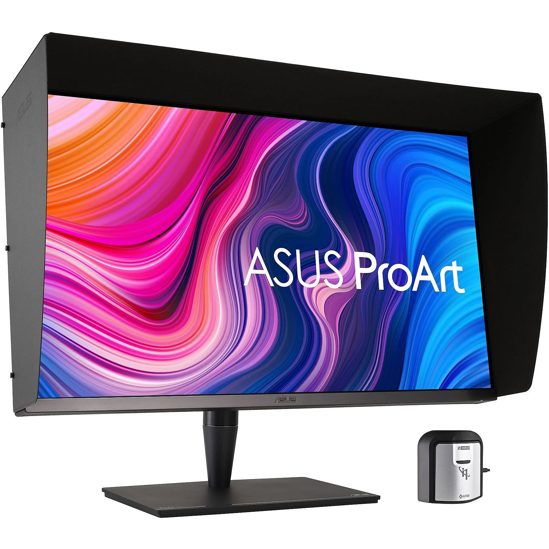 Un monitor ASUS ProArt con un fondo abstracto colorido y un dispositivo de calibración.