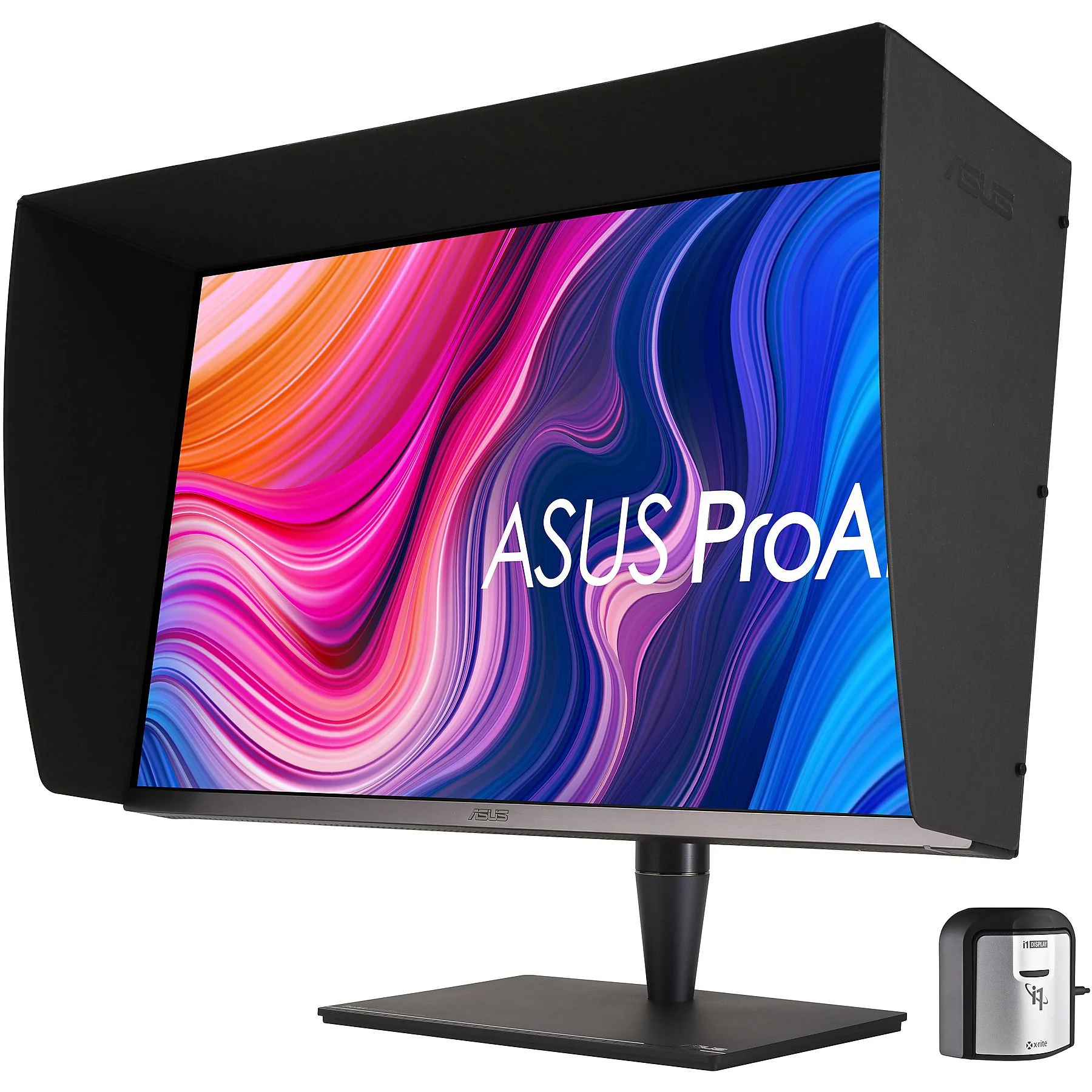 Un monitor ASUS ProArt con fondo de pantalla degradado y parasol.