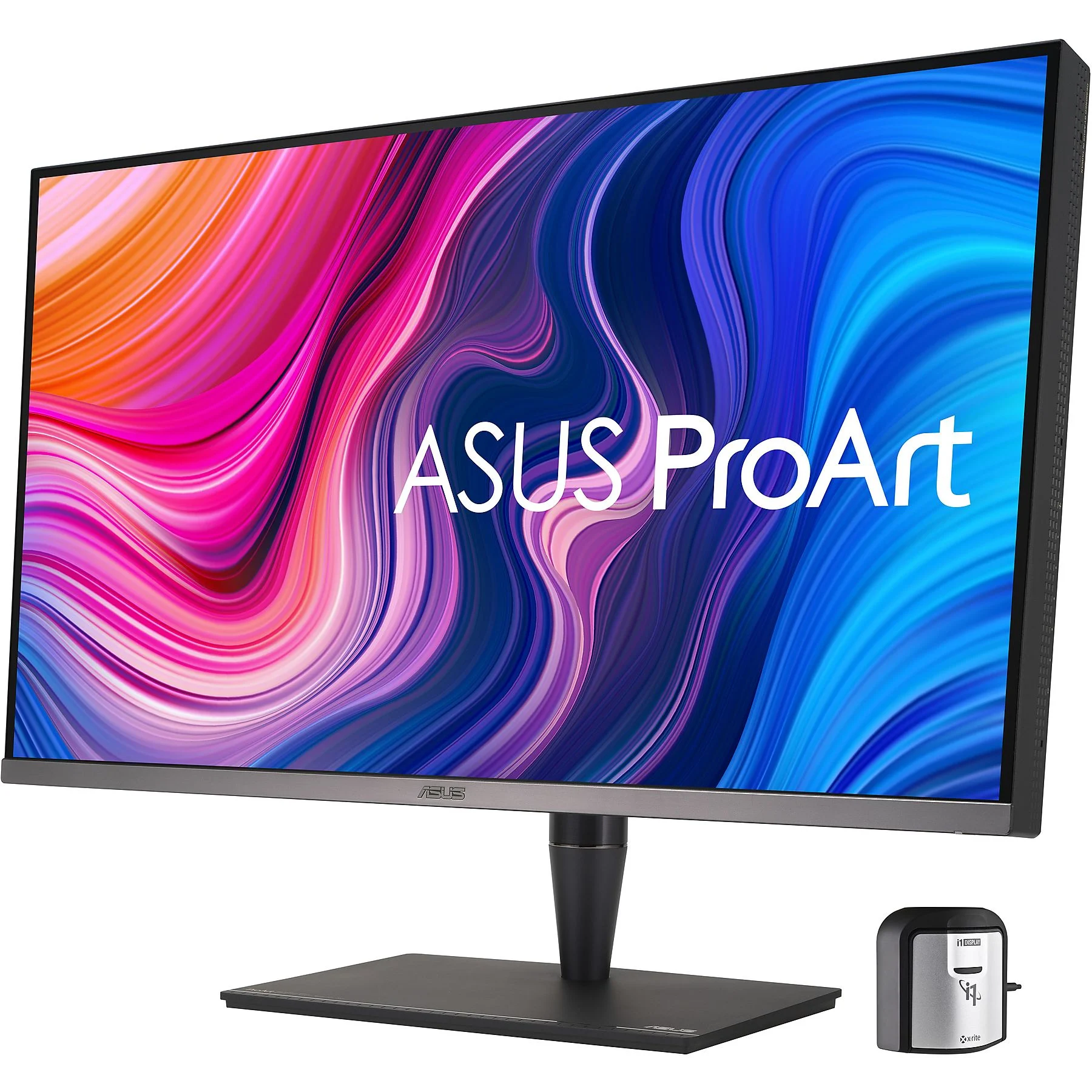 Un monitor ASUS ProArt con fondo colorido y un pequeño dispositivo de calibración.