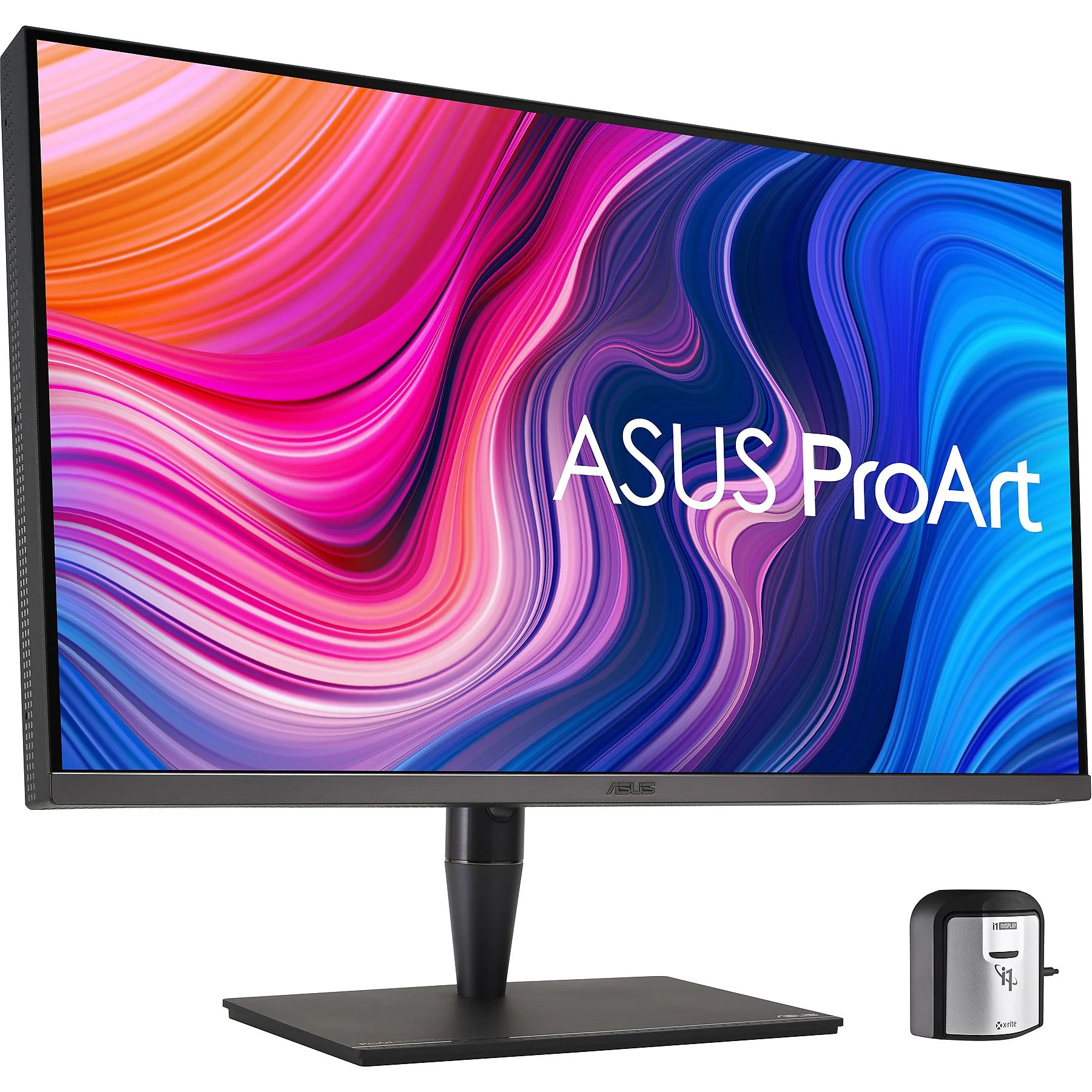 Un monitor Asus ProArt muestra un fondo de pantalla colorido, con un dispositivo de calibración.