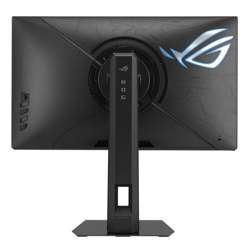 Parte trasera de un monitor gaming negro con logo ROG y ranuras de ventilación.