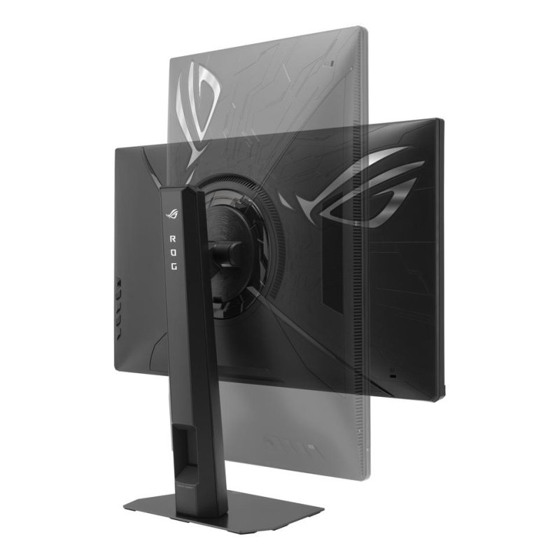 Un monitor negro con logo ROG se apoya en un soporte. Se ve la parte trasera.