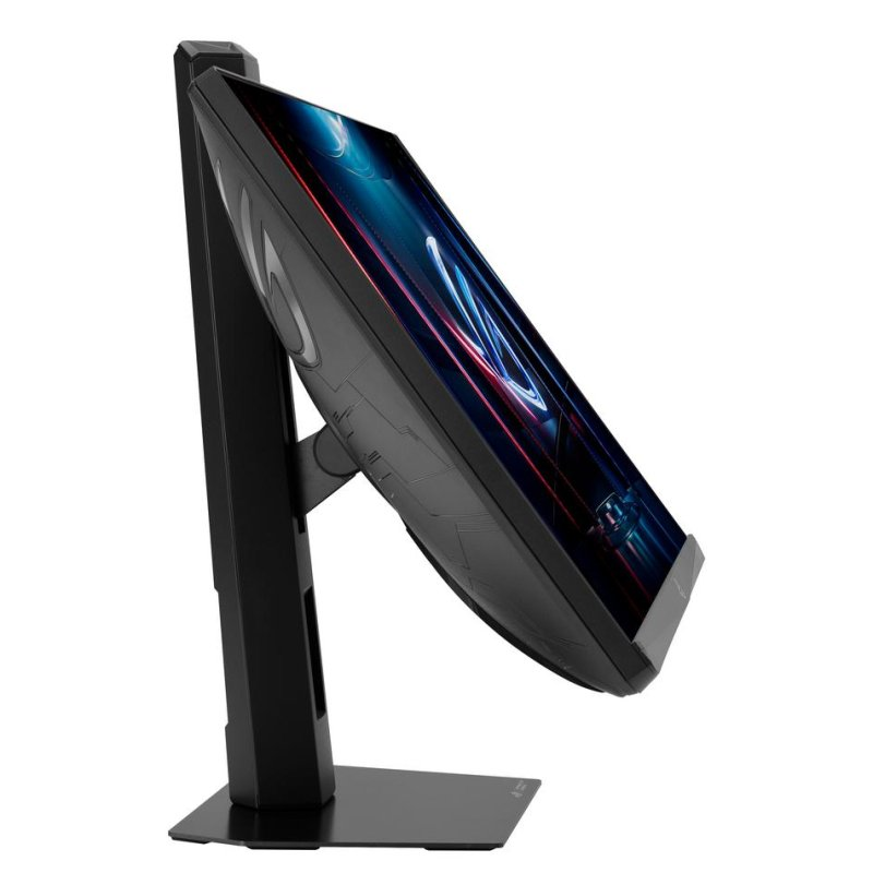 Monitor de juegos negro de perfil lateral con patrón azul y rojo en pantalla.