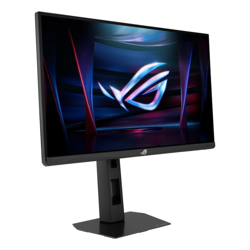 Un monitor gaming negro muestra un logo ROG brillante azul y rosa con un fondo oscuro y abstracto.