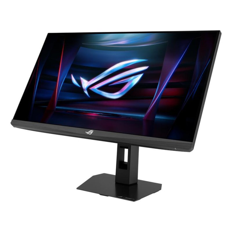 Un monitor gaming negro con el logo de ROG en pantalla, sobre un soporte robusto.
