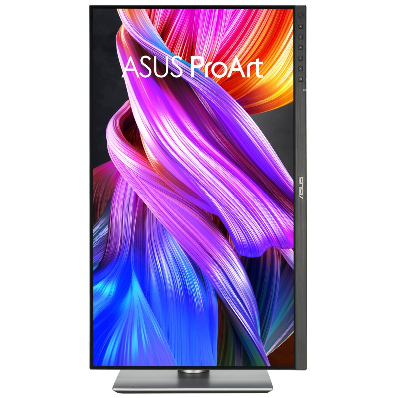 Un monitor ASUS ProArt que muestra un fondo de pantalla abstracto y colorido.
