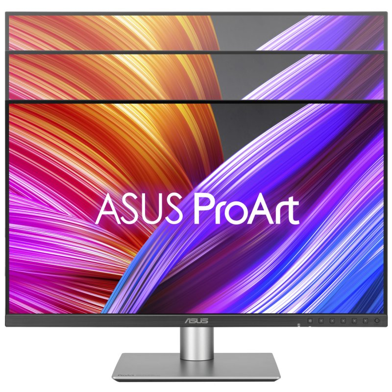 Un monitor ASUS ProArt con un vibrante fondo abstracto.