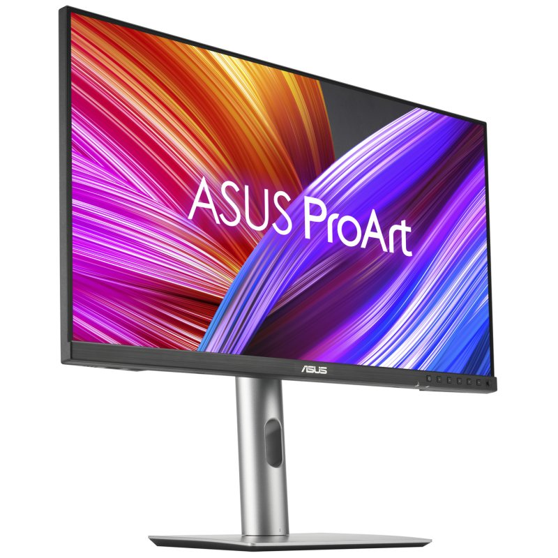 Un monitor ASUS ProArt con fondo abstracto y colorido. Soporte metálico.