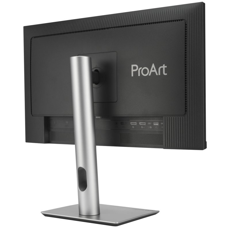 Parte trasera de un monitor negro con soporte plateado y logo ProArt.