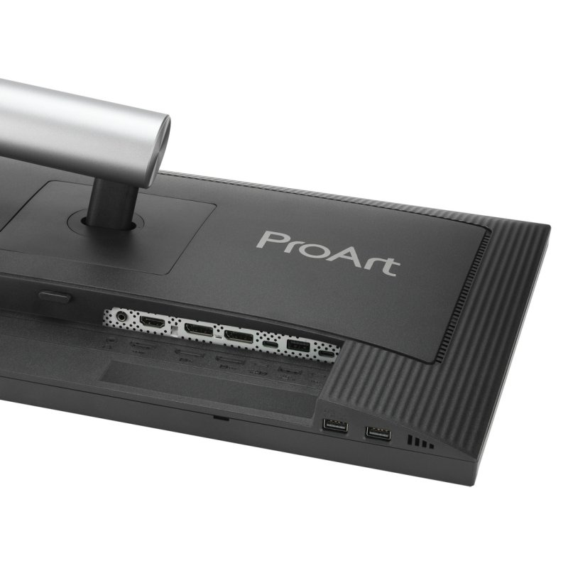 Vista trasera de un monitor negro mostrando puertos y el logo "ProArt".