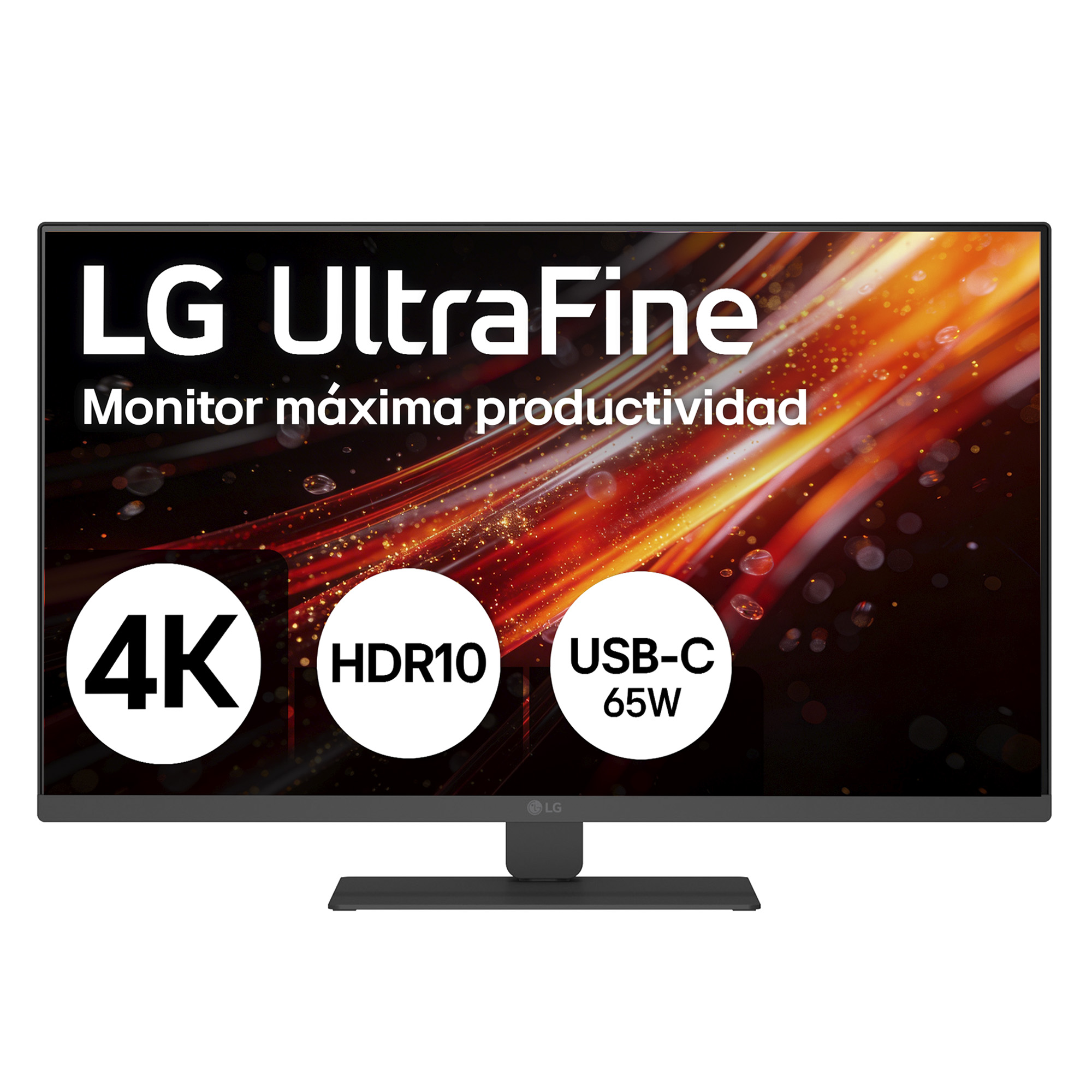 Monitor LG UltraFine 4K HDR10 USB-C 65W con fondo dinámico.