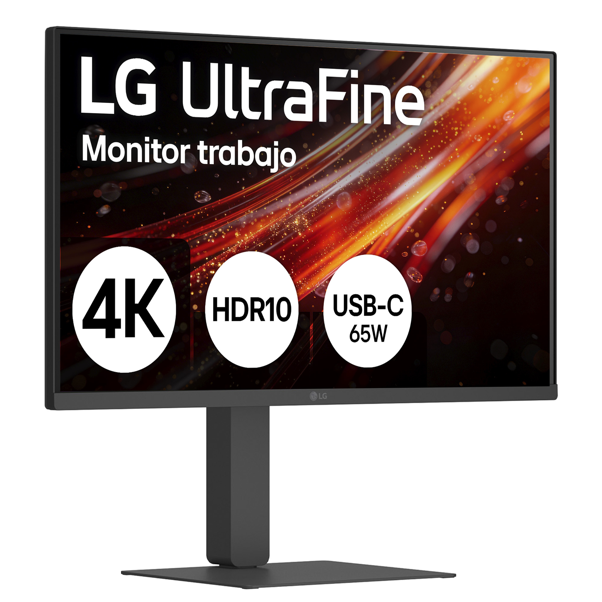 Un monitor LG UltraFine 4K HDR10 USB-C 65W con fondo abstracto.