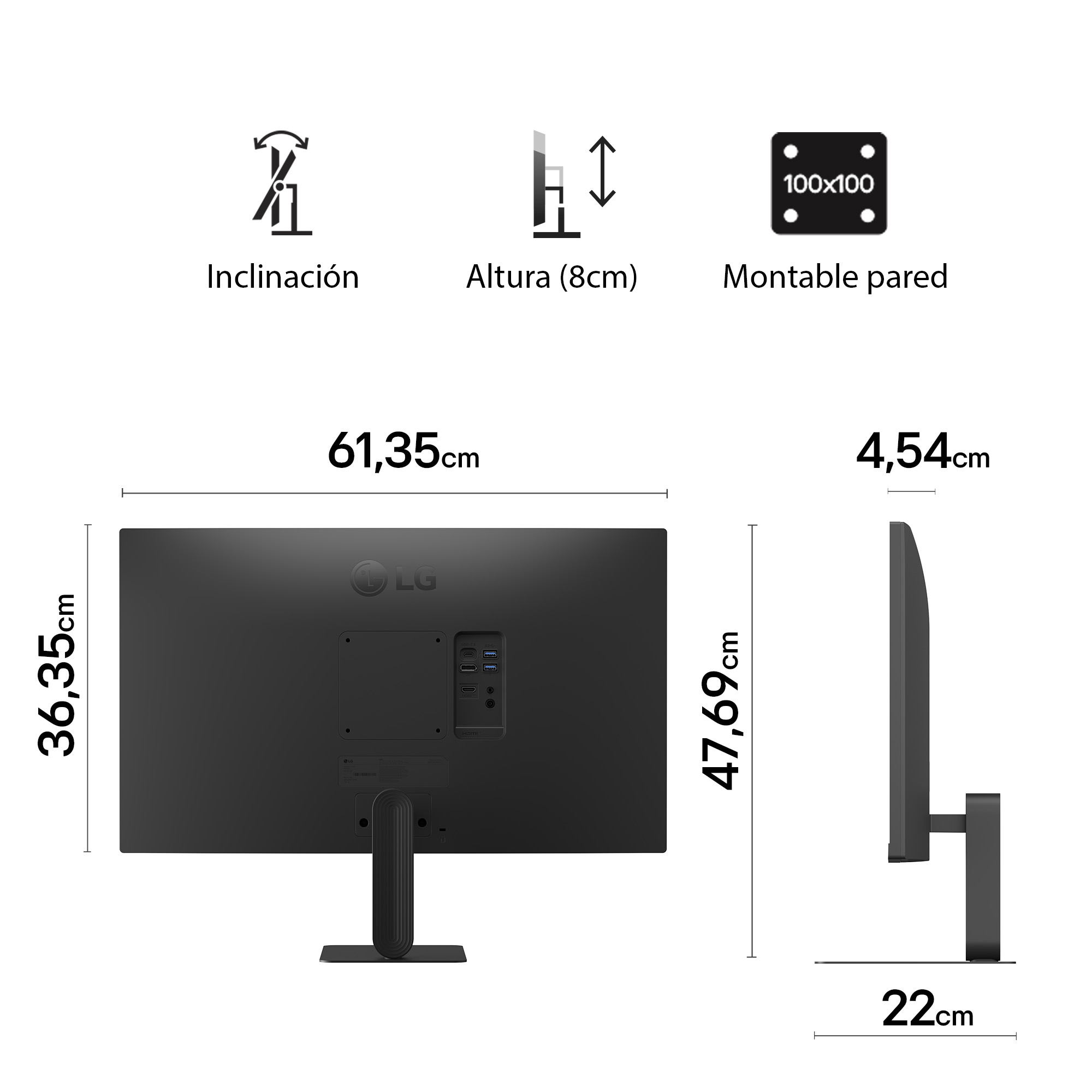 Monitor LG: 61,35cm ancho, 36,35cm alto, 4,54cm fondo. Inclinable, ajustable en altura.