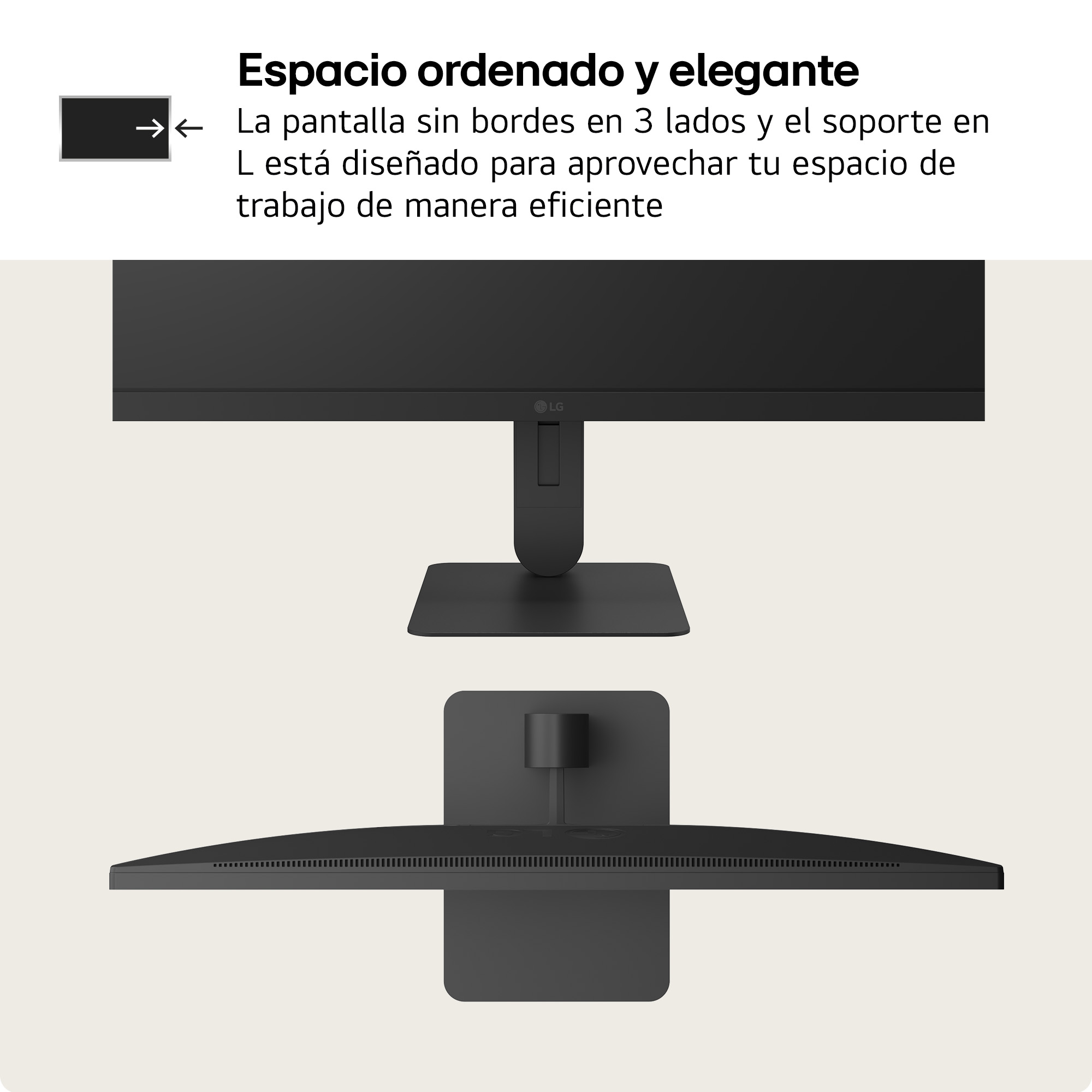 Un monitor LG negro mostrado de frente, arriba y abajo. Diseño elegante.