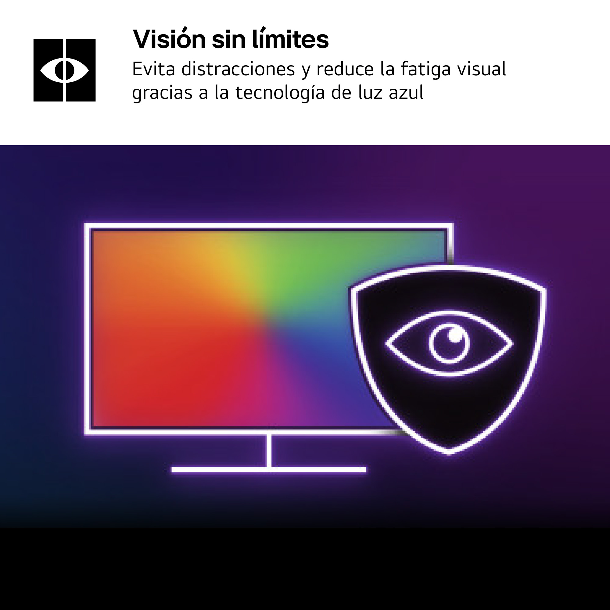 Un monitor con degradado arcoíris y un escudo con un ojo.